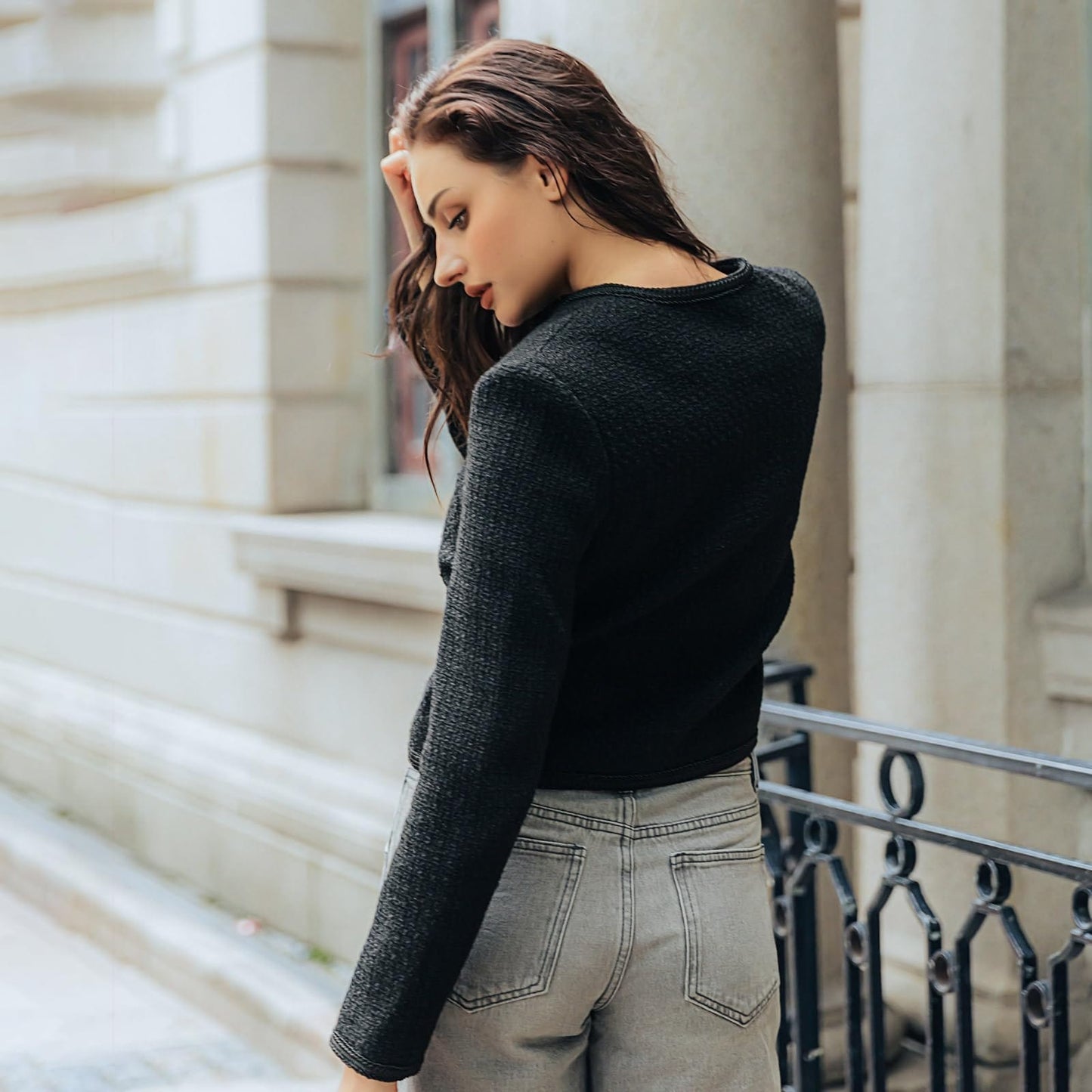 URBAN REVIVO Veste blazer décontractée en tweed pour femme - Courte - Ouverte sur le devant - Bouton doré - Pour le bureau 