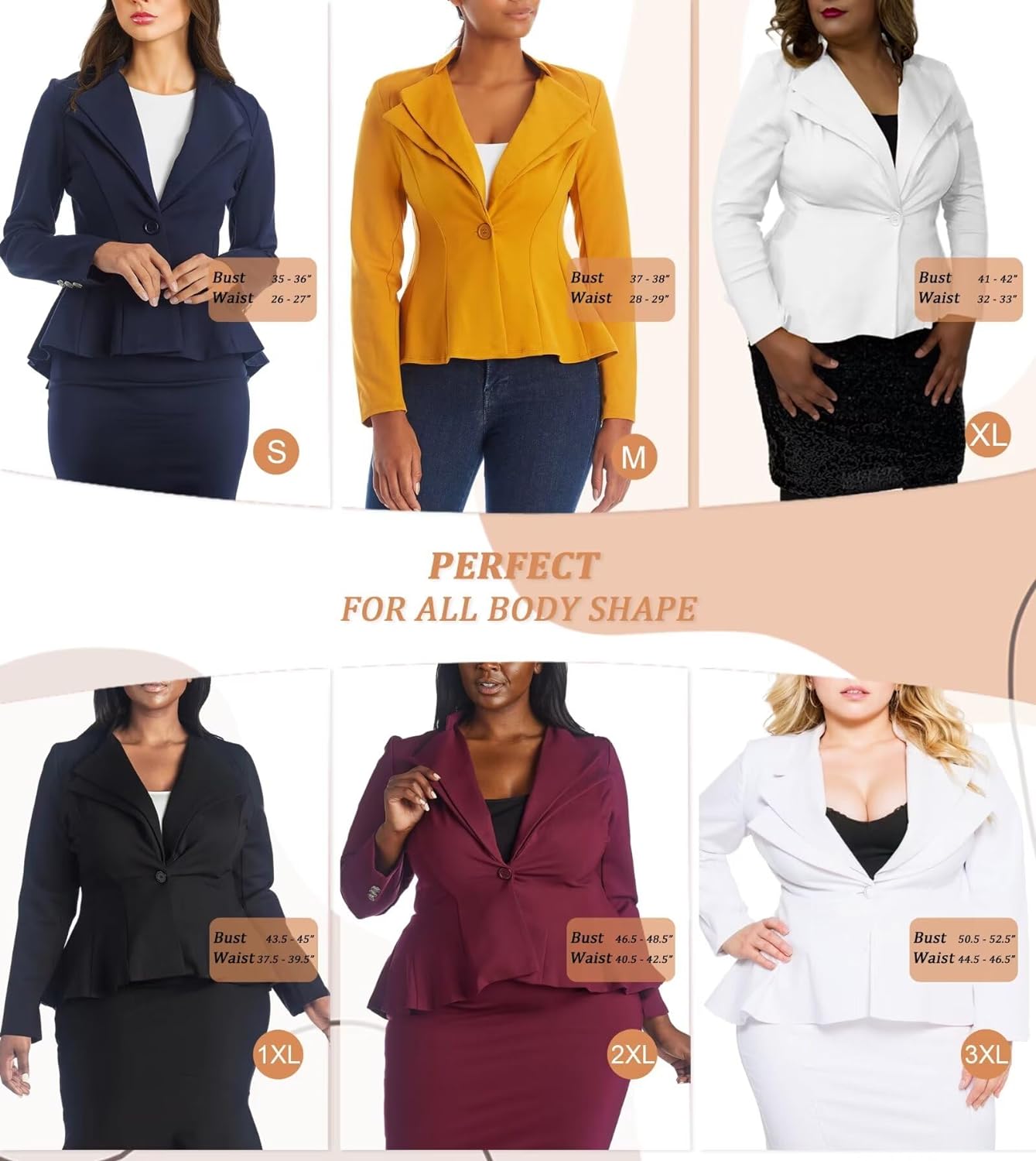 Hybrid & Company Women's Casual Work Office Dressy Double Notch Lapel Sharp Shoulder Pad Single Button Peplum Comfy Blazer