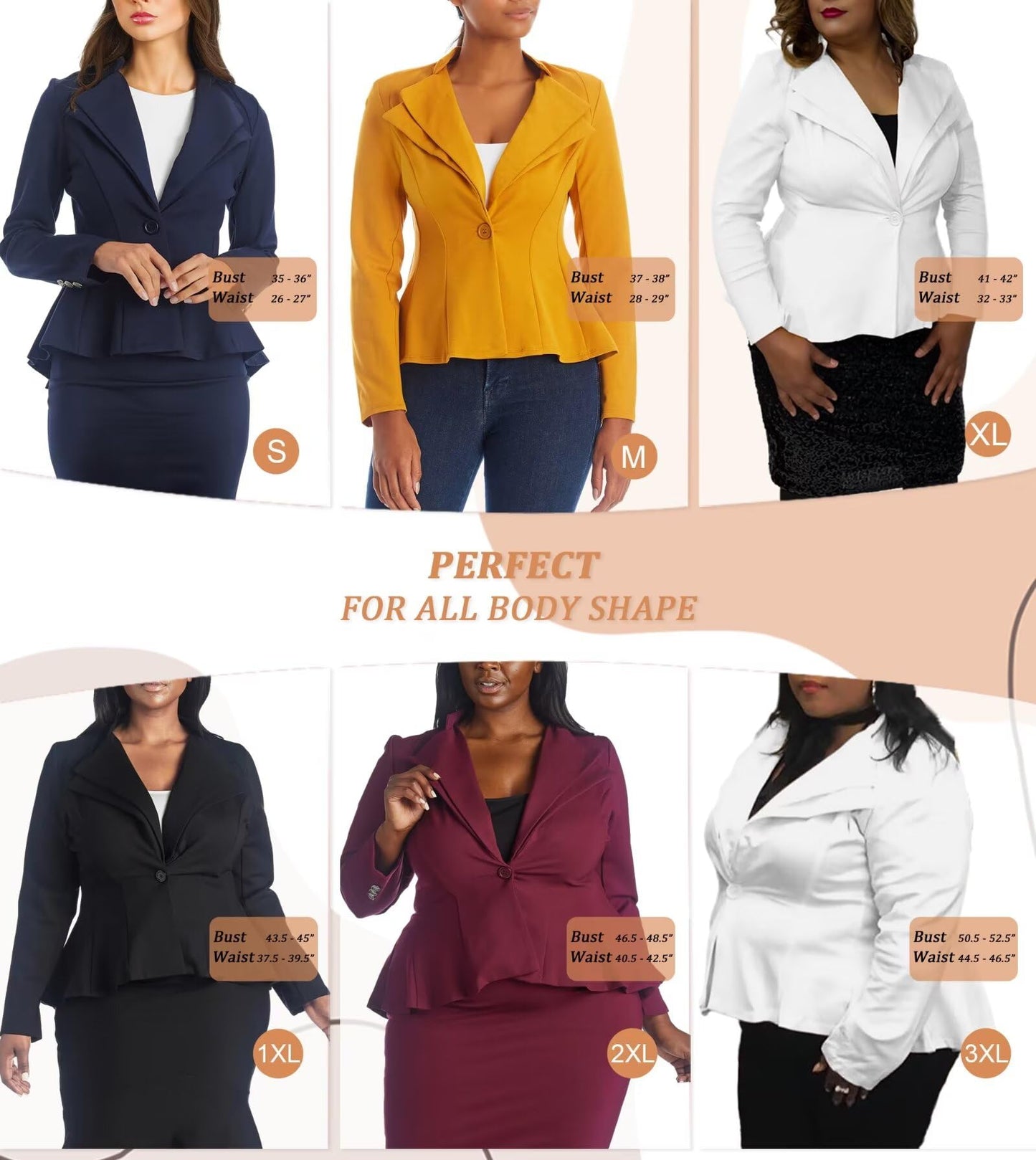 Hybrid & Company Women's Casual Work Office Dressy Double Notch Lapel Sharp Shoulder Pad Single Button Peplum Comfy Blazer