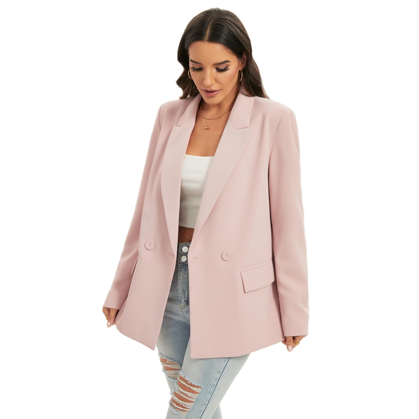 Chaqueta de traje de gran tamaño con doble botonadura para mujer, chaqueta de manga larga, informal, estilo novio, chaqueta de trabajo para oficina con bolsillos