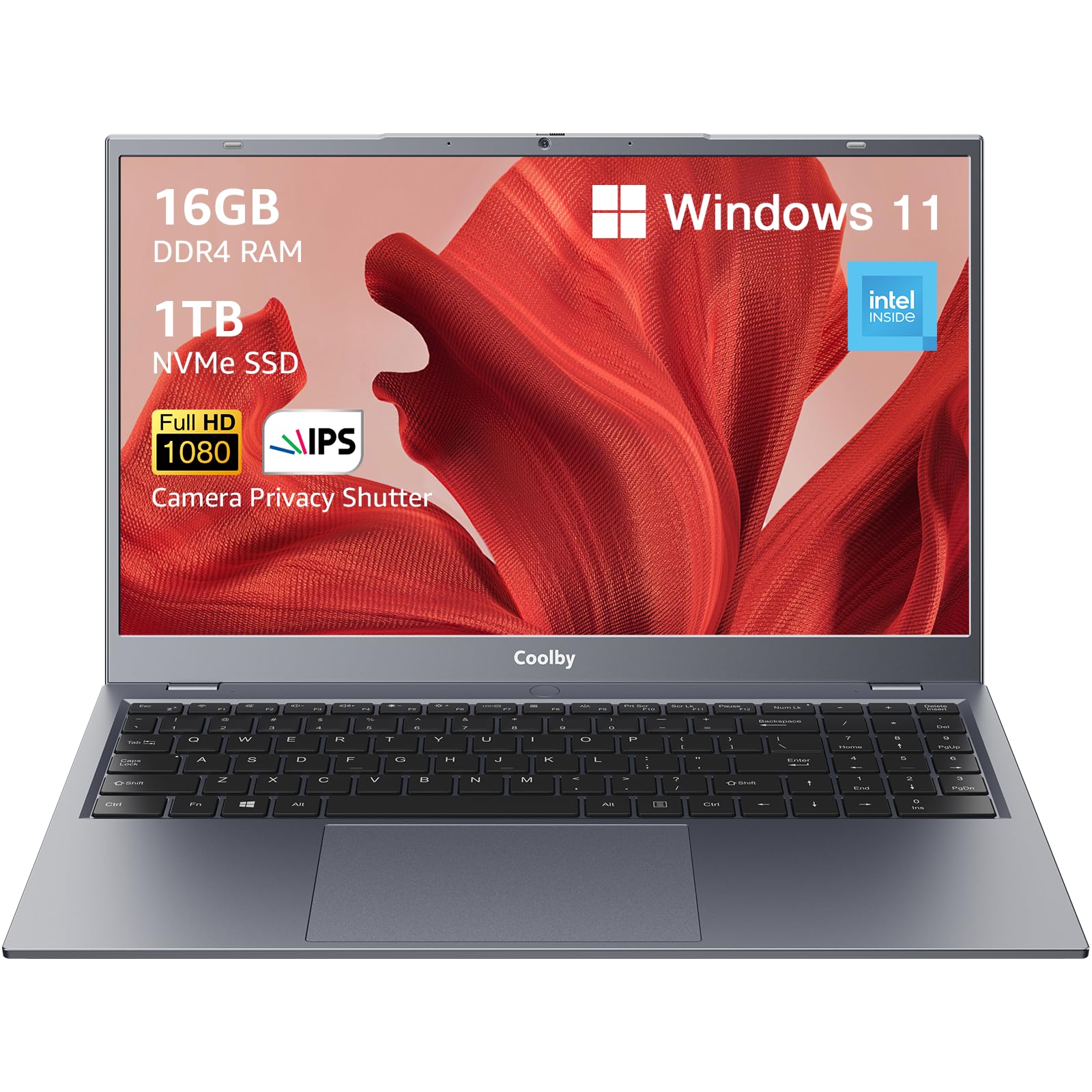 Computadora portátil con Windows 11 de 15.6 pulgadas, SSD NVMe de 16 GB de RAM/1 TB, pantalla IPS de 1920 x 1080, computadora portátil Intel N100 de cuatro núcleos, compatible con WiFi 6, BT, RJ45, carga PD 3.0 tipo c 