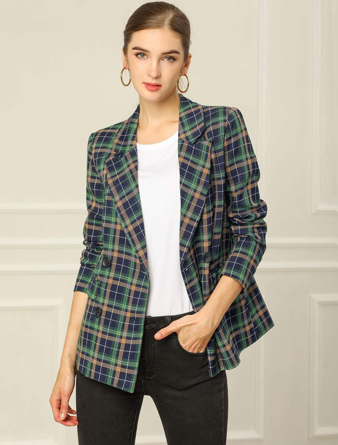 Allegra K Women's Notched Lapel Double Breasted Work Formal Blazer Jacket