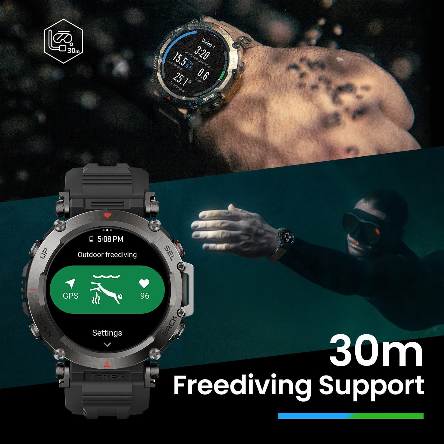 Reloj inteligente Amazfit T-Rex Ultra para hombre, duración de la batería de 20 días, buceo en apnea de 30 m, GPS de doble banda y soporte para mapas sin conexión, resistente al agua hasta 100 m, reloj deportivo para exteriores de grado militar, negro 