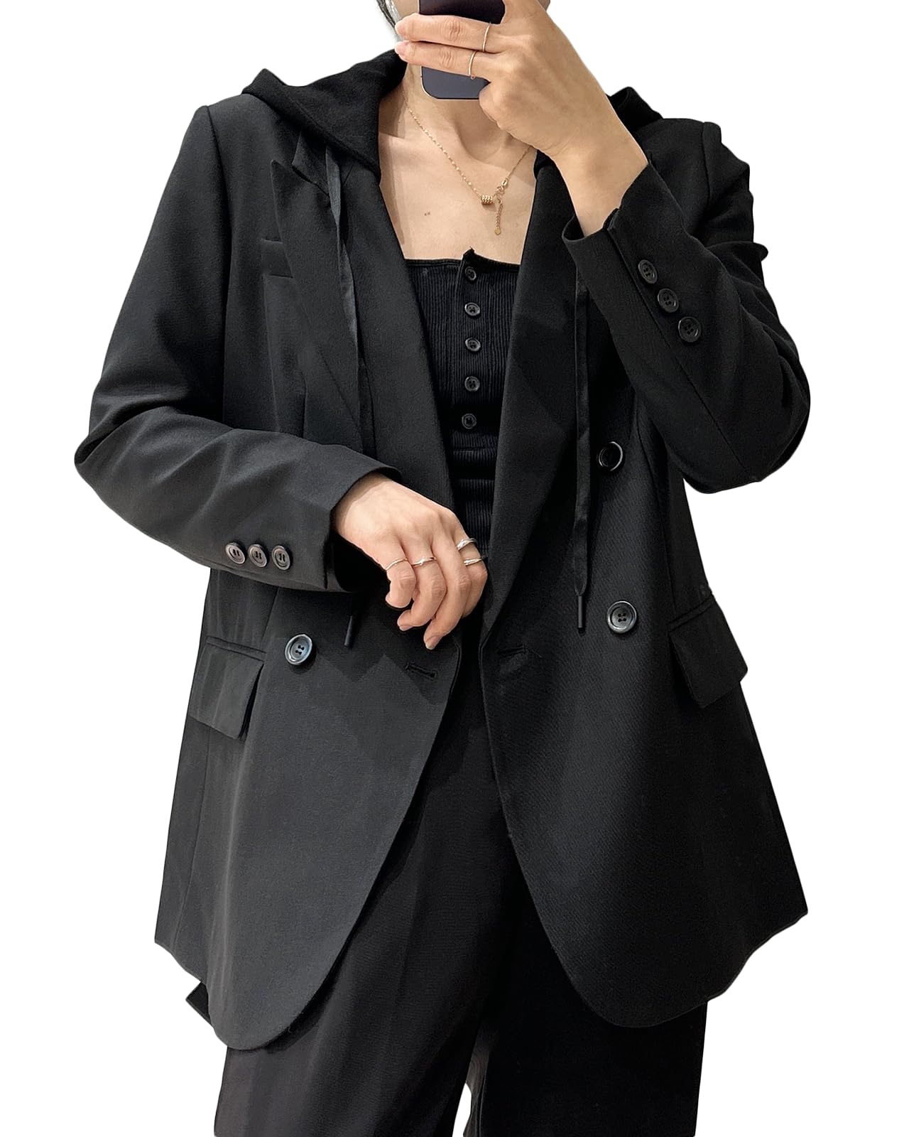 Mina Self Oversize Blazer Jacket for Women Hooded 2024 New Four Seasons Plus Size Casual Open Front Work Office Suit (XS-XXL)