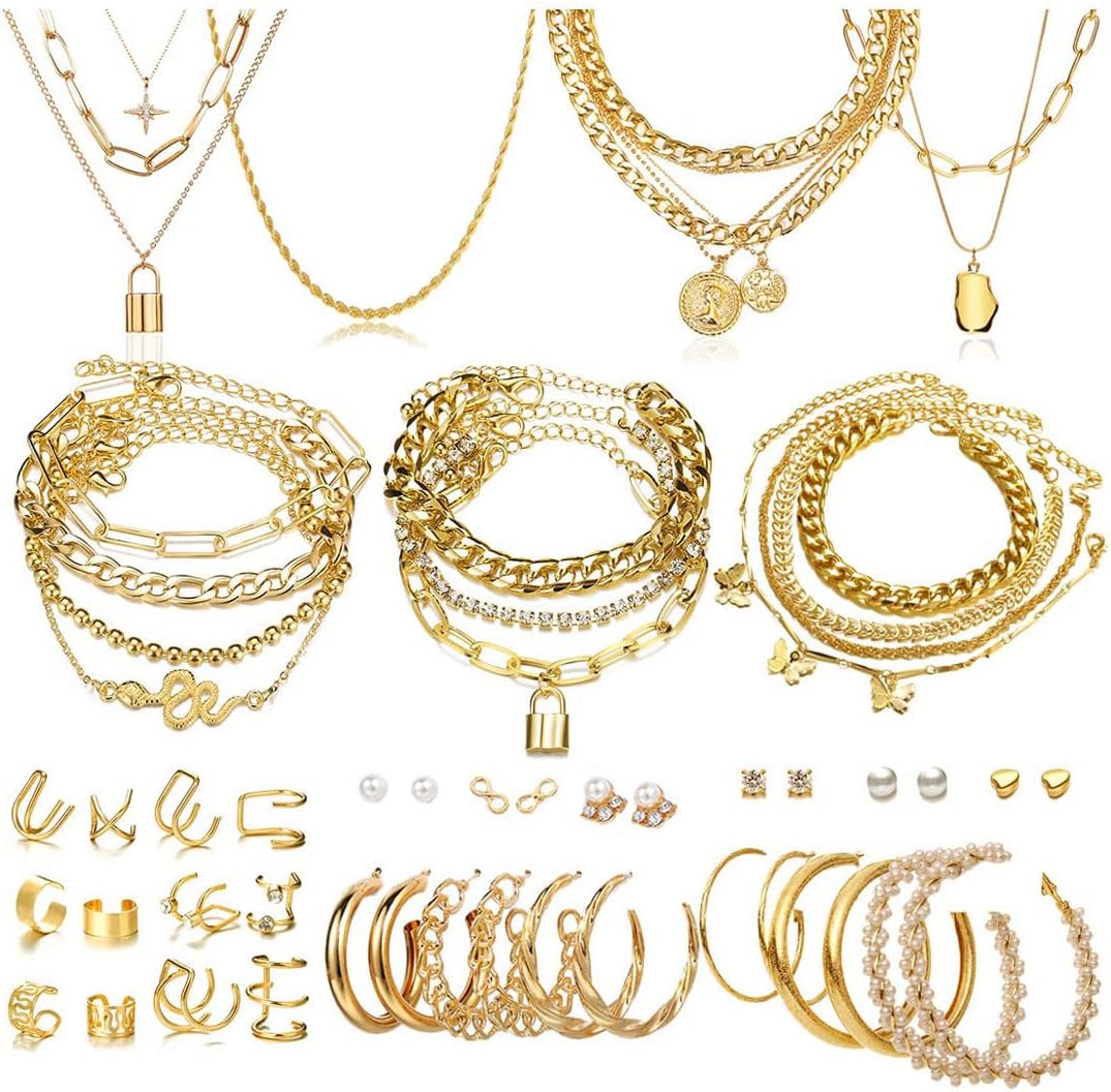 CONGYING 46 Pcs Gold Jewelry Set with 11Pcs Necklace, 11 Pcs anklet and 18 Pcs Earring Ear Cuff,6Hoop Earrings for Women Girls, Fashion Indie Costume Jewerly Pack for Friendship Party Gift Xpress