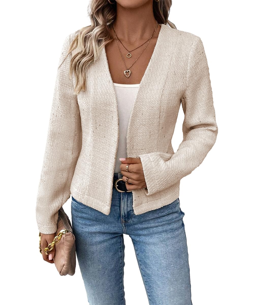 Mina Self 2024 Blazer corto sin cuello de verano, ligero, totalmente forrado, frente abierto, elegante, chaquetas de oficina de trabajo pequeñas 