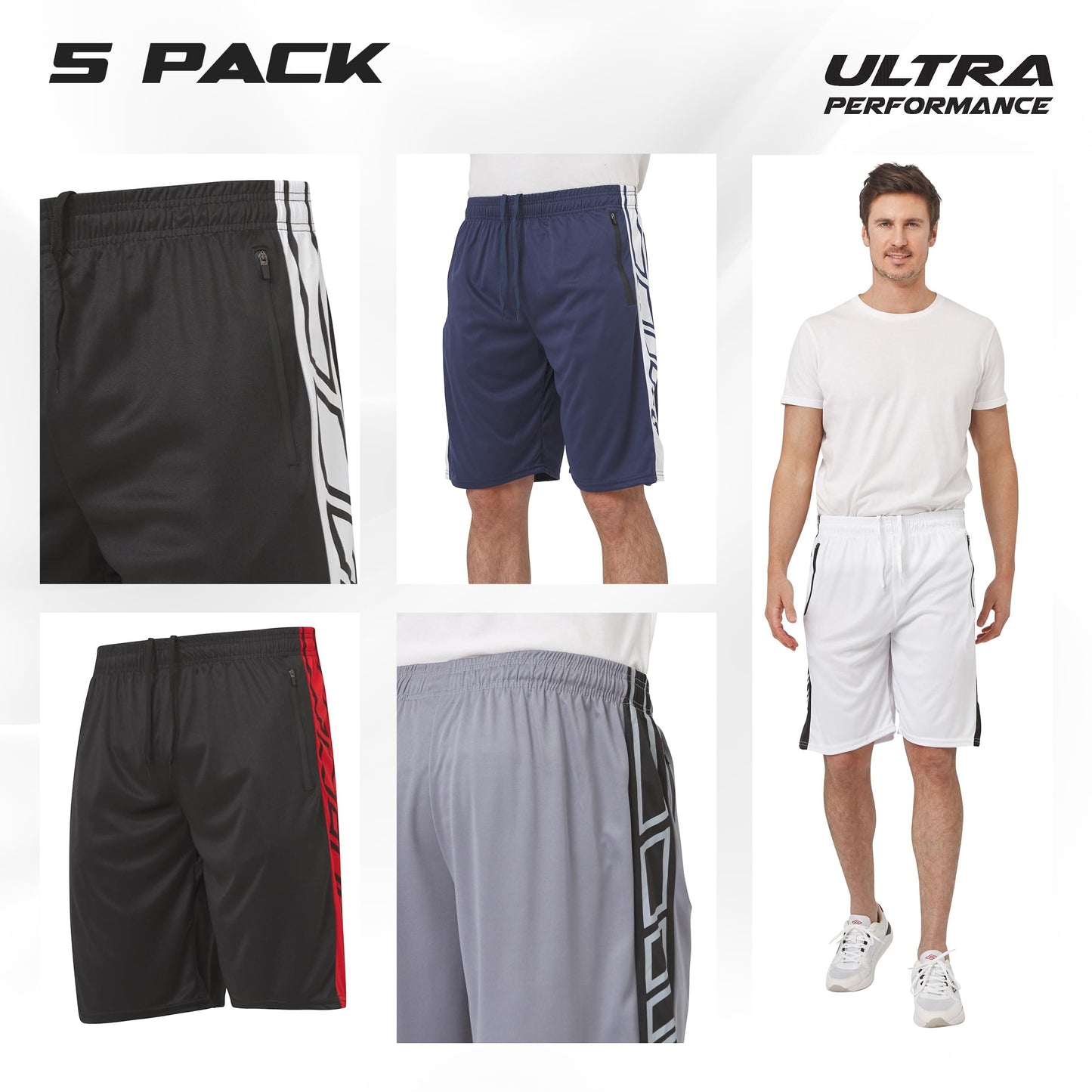 Ultra Performance Mens 5 Pack Athletic Running Shorts, Basketball Gym Workout Shorts for Men with Zippered Pockets