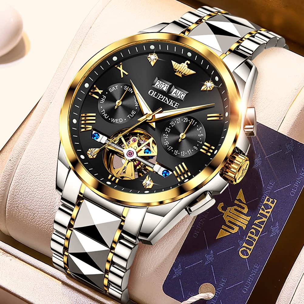 OUPINKE Men's Watch Automatic 44mm Big Dial Tungsten Steel Strap Date Waterproof Luxury Sapphire Crystal