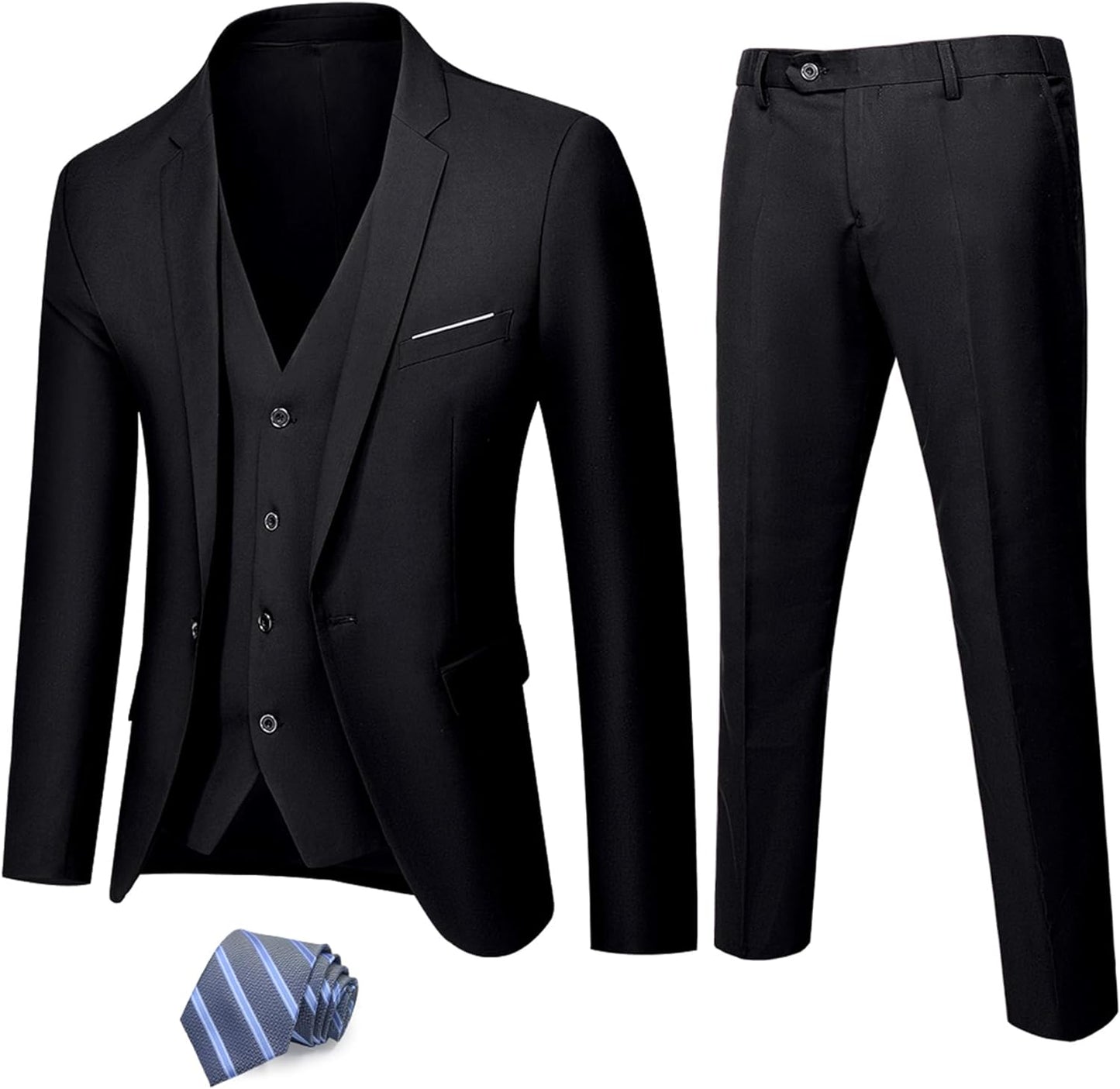 MY'S Men's 3 Piece Solid Suit Set, One Button Slim Fit Jacket Vest Pants with Tie