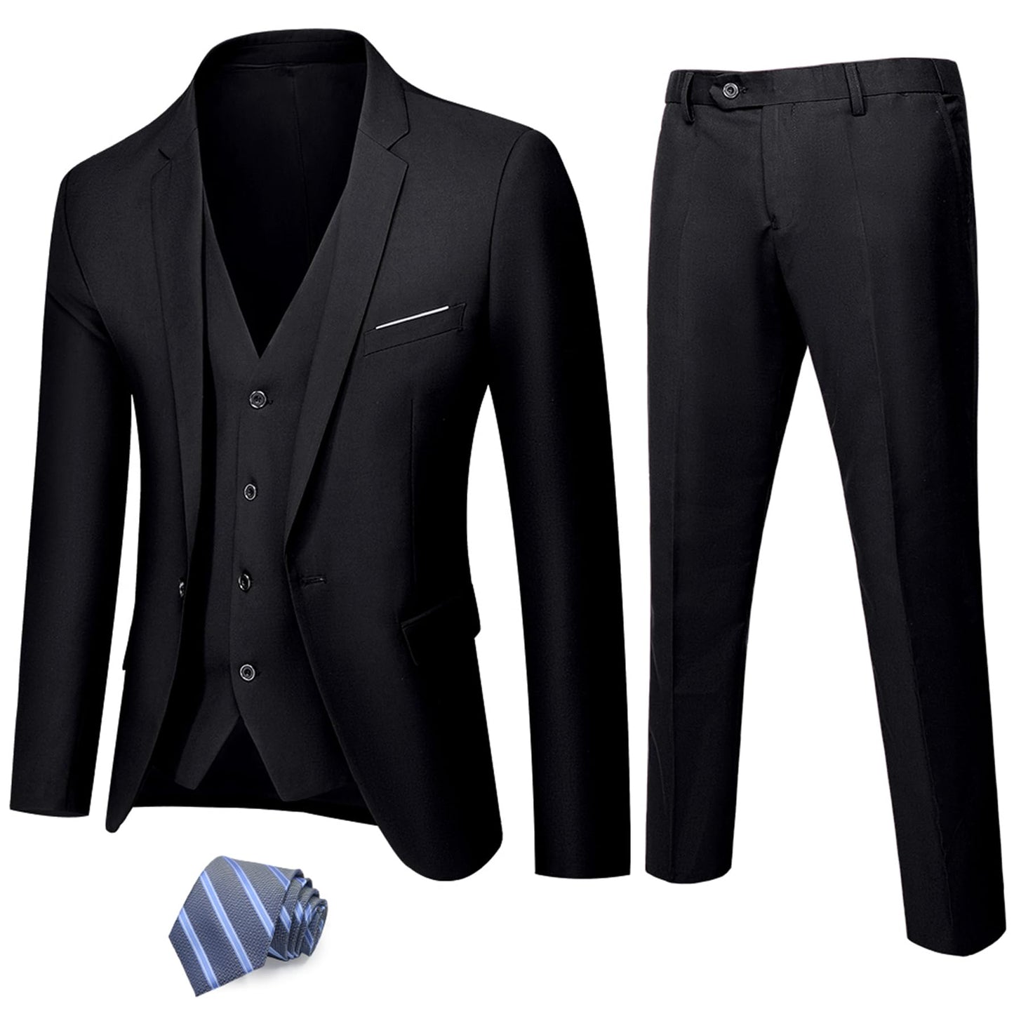 MY'S Men's 3 Piece Solid Suit Set, One Button Slim Fit Jacket Vest Pants with Tie