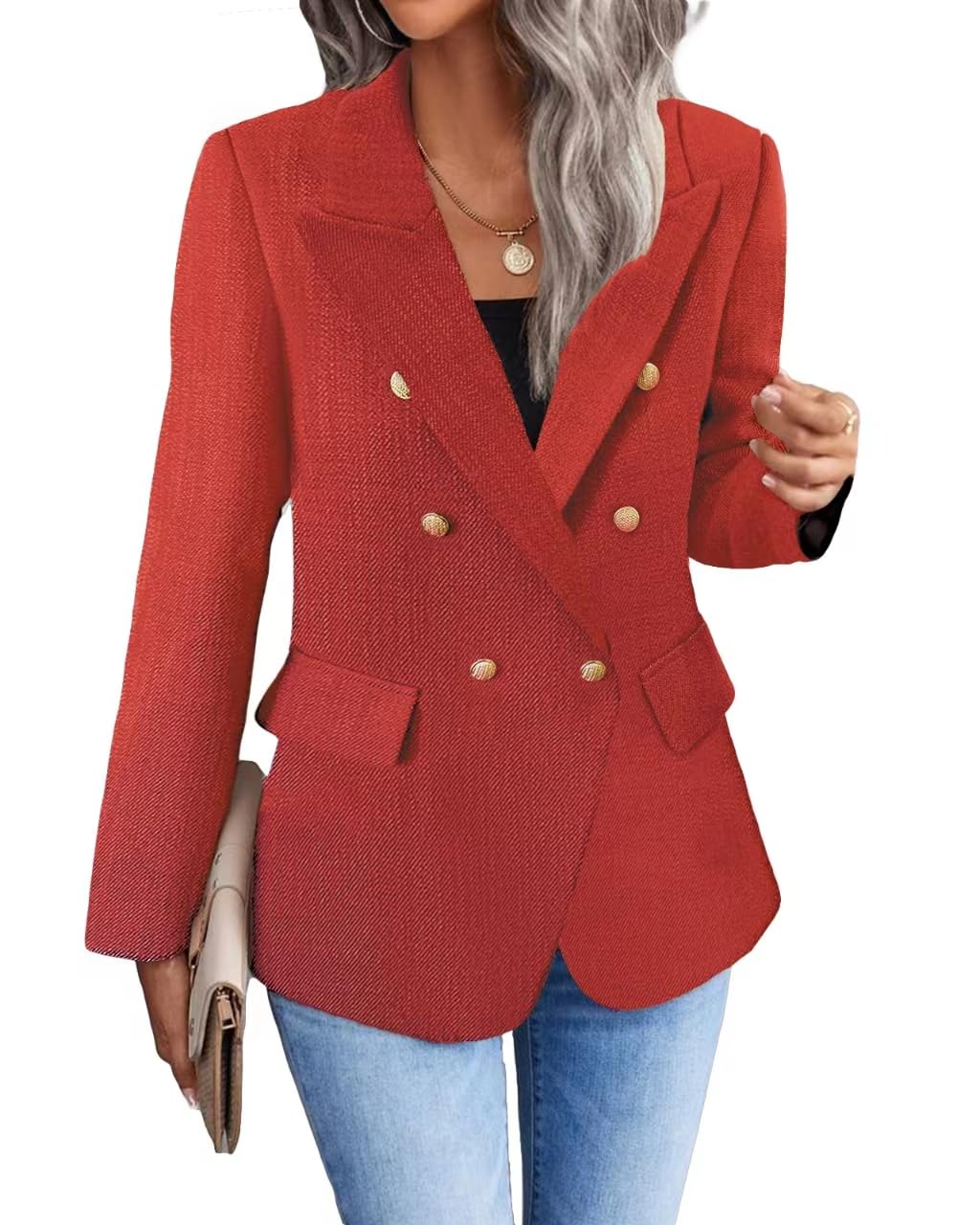 Womens Casual Blazer 2024 Spring Open Front Business Work Tweed Plaid Jacket Suit Pocket (S-XXL)