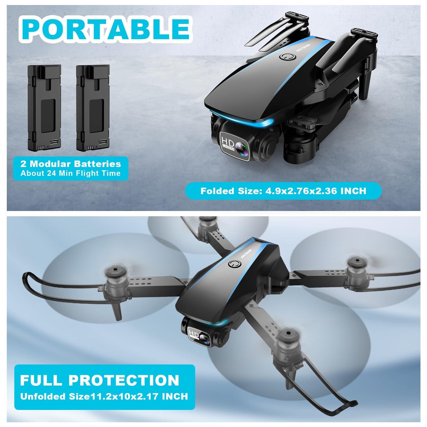 Mini drone avec caméra - Drone pliable HD 1080P avec vol stationnaire stable, contrôle de la gravité, suivi automatique, vol de trajectoire, objectif réglable à 90°, décollage à une touche, 2 batteries, drones pour adultes et enfants 