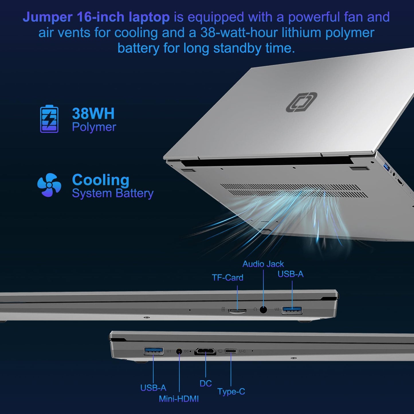 jumper Laptop, computadora portátil con CPU Intel N100 (hasta 3,4 GHz), SSD DDR5 de 16 GB y 512 GB, pantalla IPS FHD de 16", 1920 x 1200, sistema de refrigeración, batería de 38 Wh, 4 parlantes estéreo, gráficos Intel UHD, HDMI. 