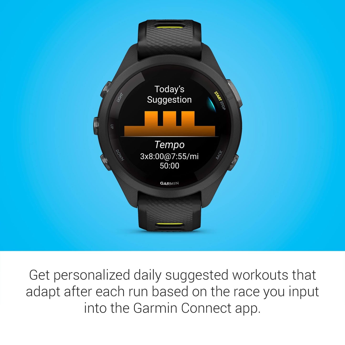 Reloj inteligente para correr Garmin Forerunner 265, pantalla AMOLED colorida, métricas de entrenamiento e información de recuperación, Whitestone y Tidal Blue 