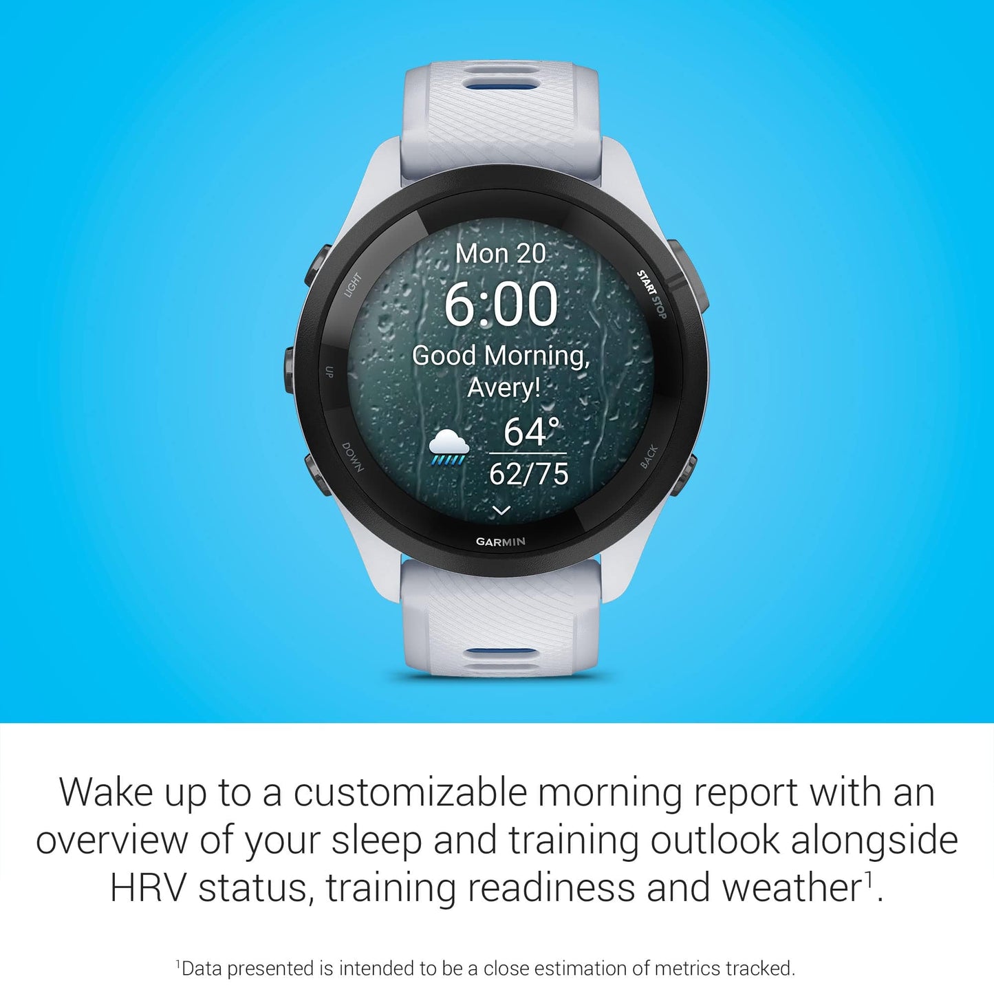 Reloj inteligente para correr Garmin Forerunner 265, pantalla AMOLED colorida, métricas de entrenamiento e información de recuperación, Whitestone y Tidal Blue 