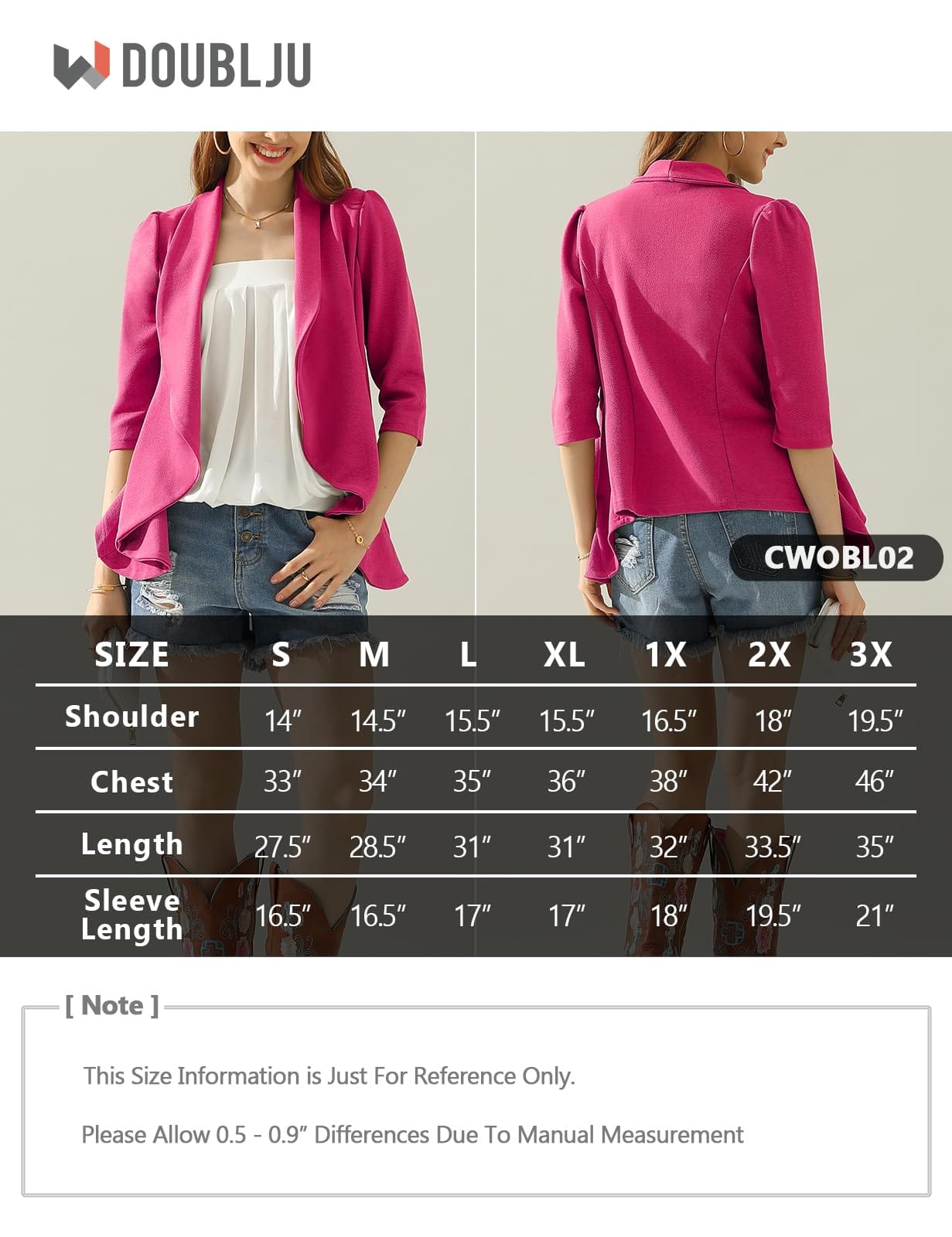 DOUBLJU Lightweight Thin 3/4 Sleeve Open Front Blazer Business Casual Deconstructed Jackets for Womens Clothes with Plus Size