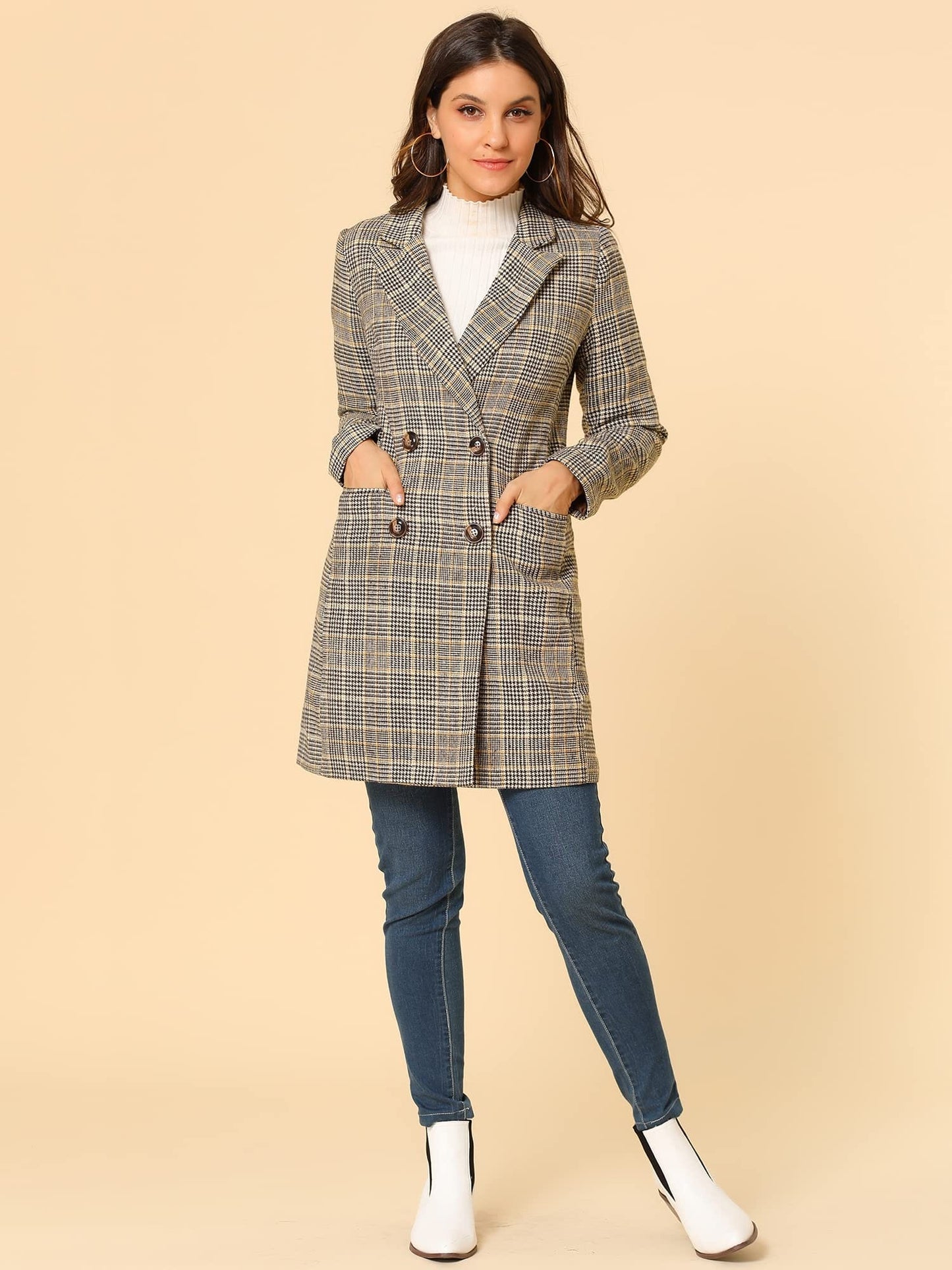 Allegra K Women's Double Breasted Notched Lapel Plaid Trench Blazer Coat