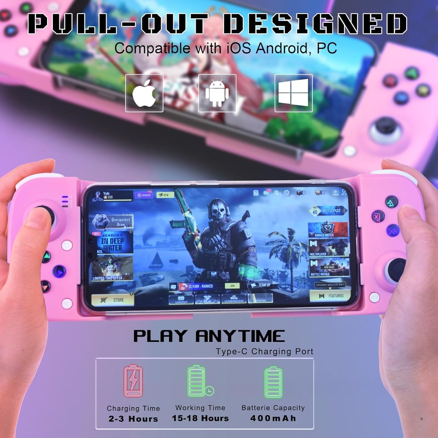 Megadream Manette de jeu mobile pour iPhone iOS Android PC : fonctionne avec iPhone 15/14/13/12/11/X, iPad, Samsung Galaxy, TCL, tablette, Call of Duty, Black Desert Mobile – Jouez directement (gris) 