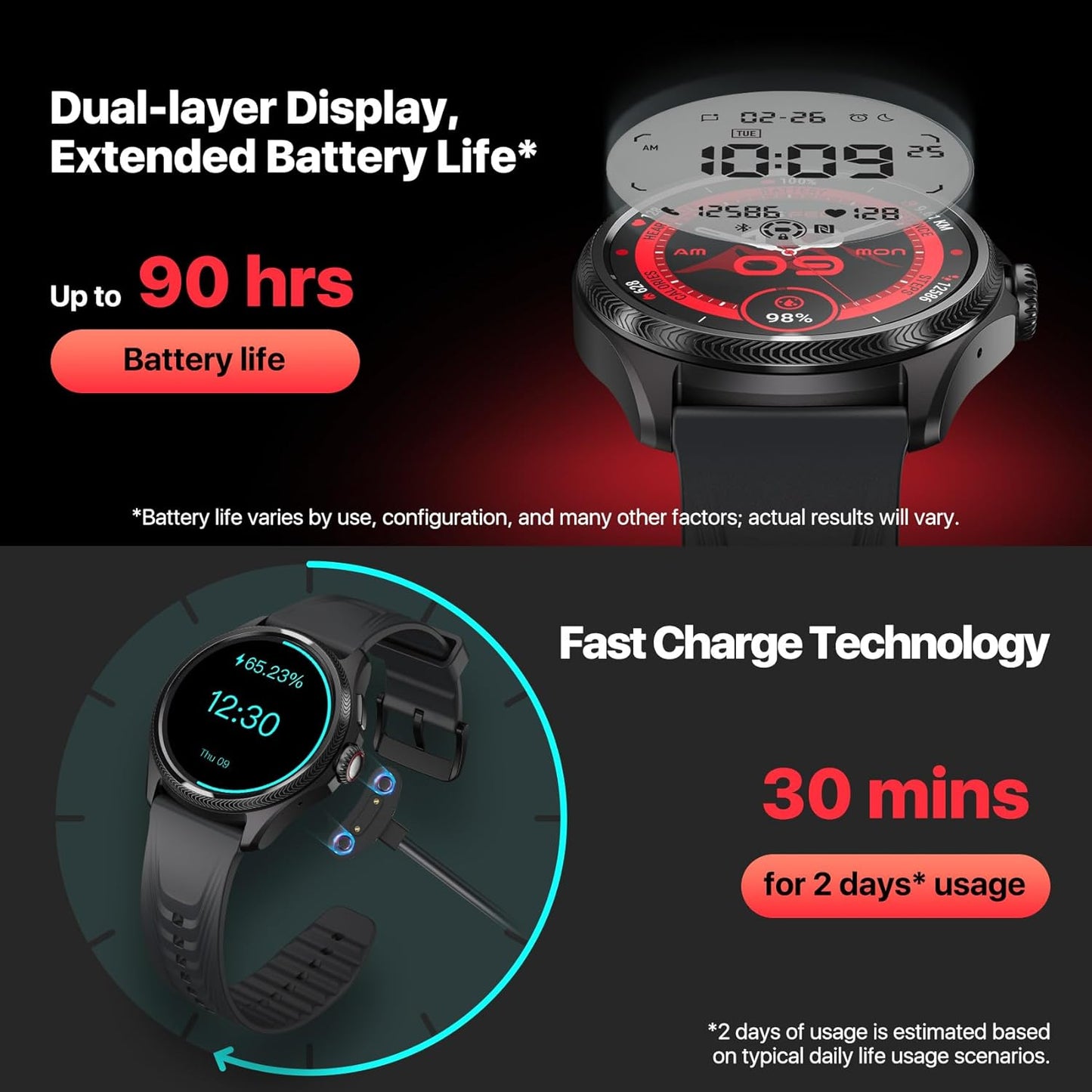 Montre connectée Ticwatch Pro 5 Enduro pour hommes, 1,43 pouces, Android Wear OS, batterie de 90 heures, plus de 110 modes d'entraînement, fréquence cardiaque 7/24, moniteur d'activité physique, extérieur, boussole GPS 5 ATM, compatible Android uniquement 