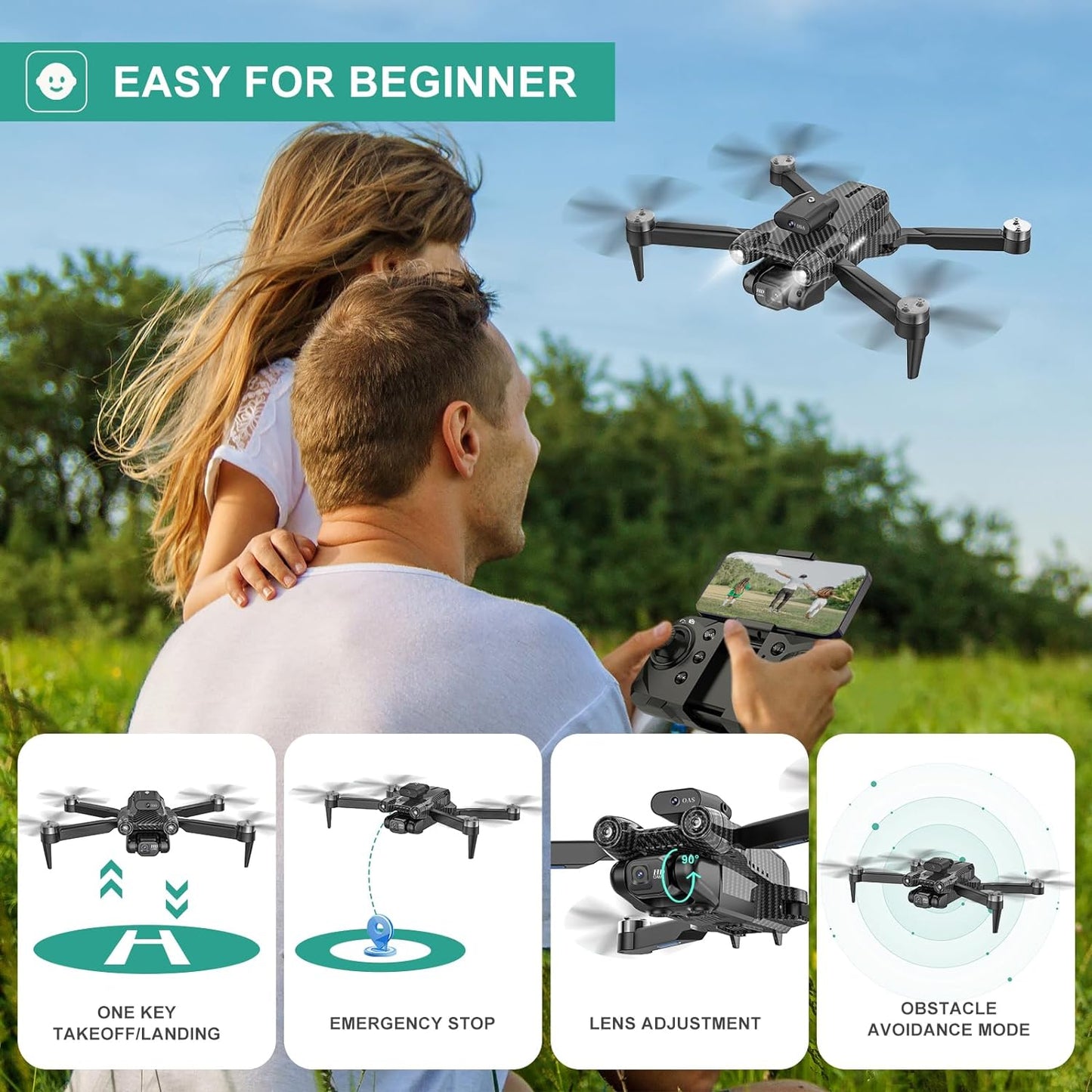 MSMV RC Drone para niños adultos con cámara HD FPV, evitación de obstáculos, arranque con una sola tecla, estuche de transporte, 2 baterías, juguetes geniales, regalos para niños y niñas 