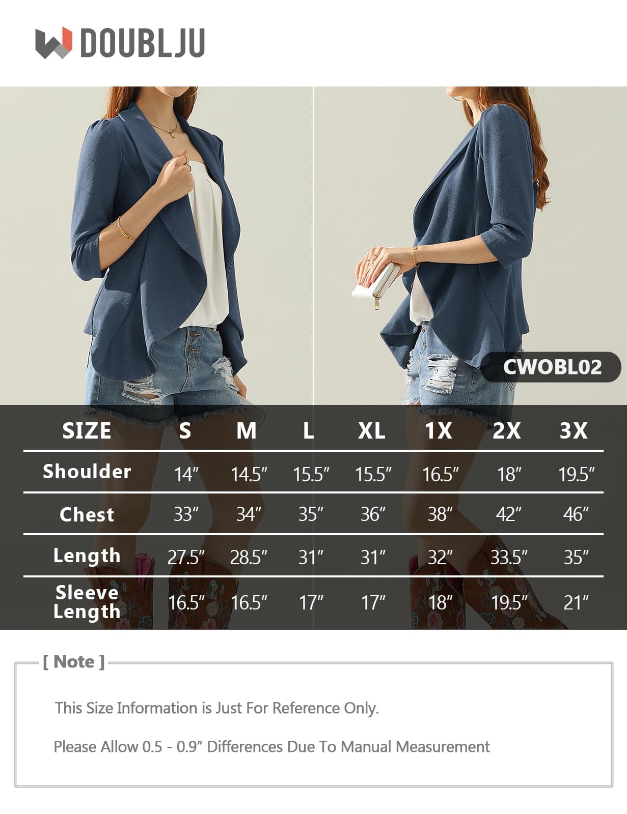 DOUBLJU Blazer léger et fin à manches 3/4 ouvert sur le devant - Veste déconstruite décontractée pour femme - Vêtements de grande taille 