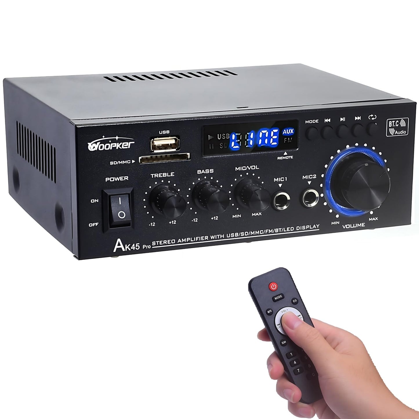 AK45 Pro Amplificador de audio Bluetooth 5.0 Amplificador estéreo HiFi Max 410W Amplificador de potencia de audio de 2.0 canales Mini AMP Receptor Fuente de alimentación de 12V/5A con USB, SD, RCA, LED para Karaoke