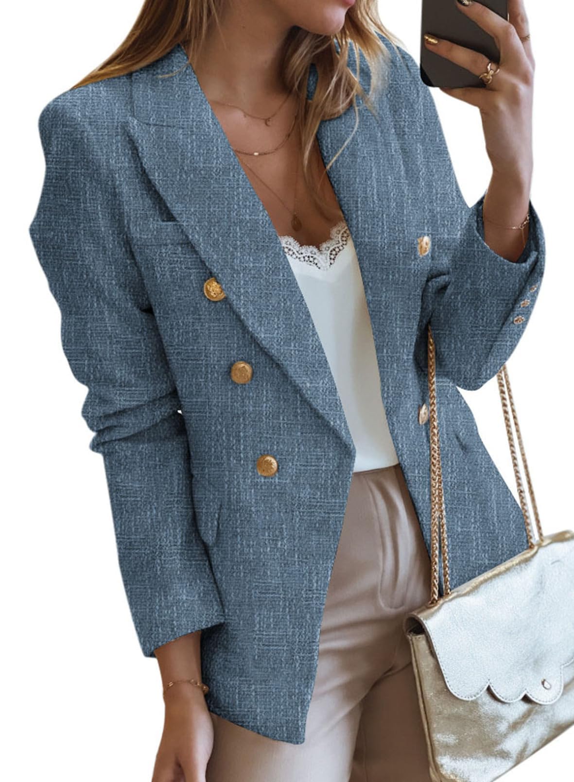 Happy Sailed Blazers de Tweed para Mujer Casual Manga Larga Doble Botonadura Frente Abierto Blazer Chaquetas Trajes de Trabajo 