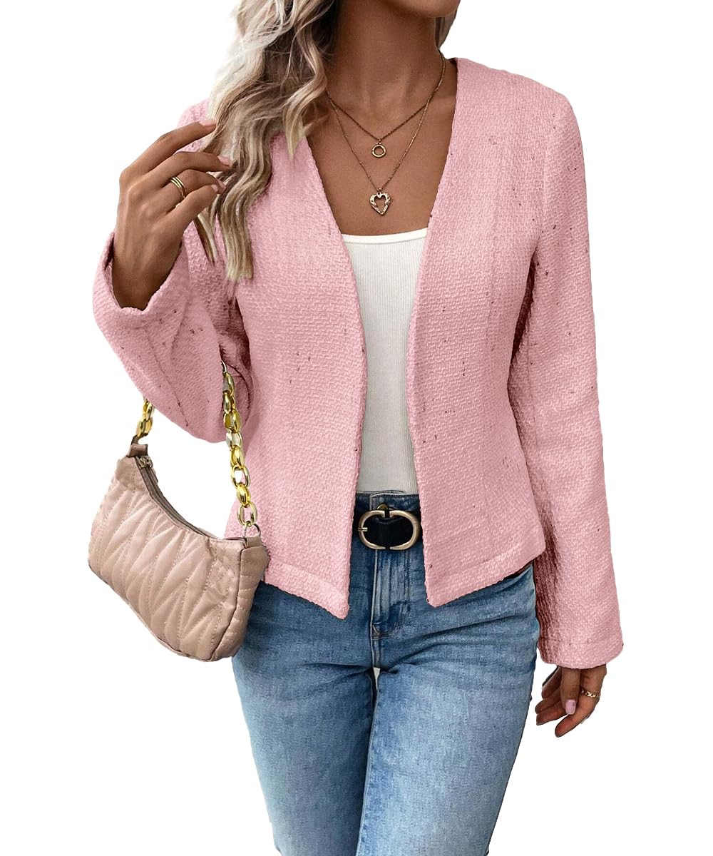 Mina Self 2024 Summer Cropped Collarless Blazer Lightweight Fully Lined Open Front Elegant Petite Work Office Jackets