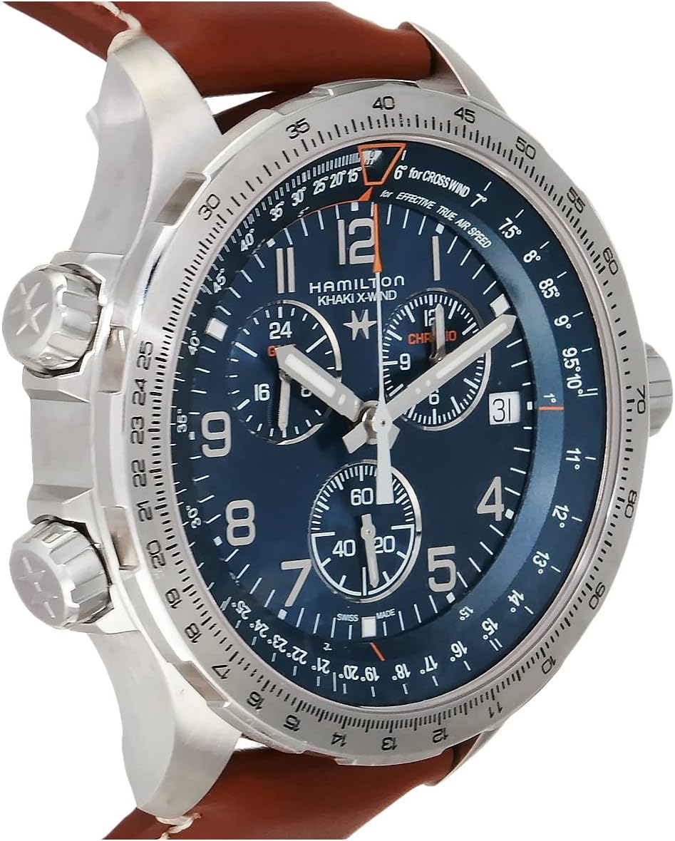 Hamilton Watch Khaki Aviation X-Wind GMT Swiss Chronograph Quartz Watch 46mm Case, Blue Dial, Brown Leather Strap (Model: H77922541)