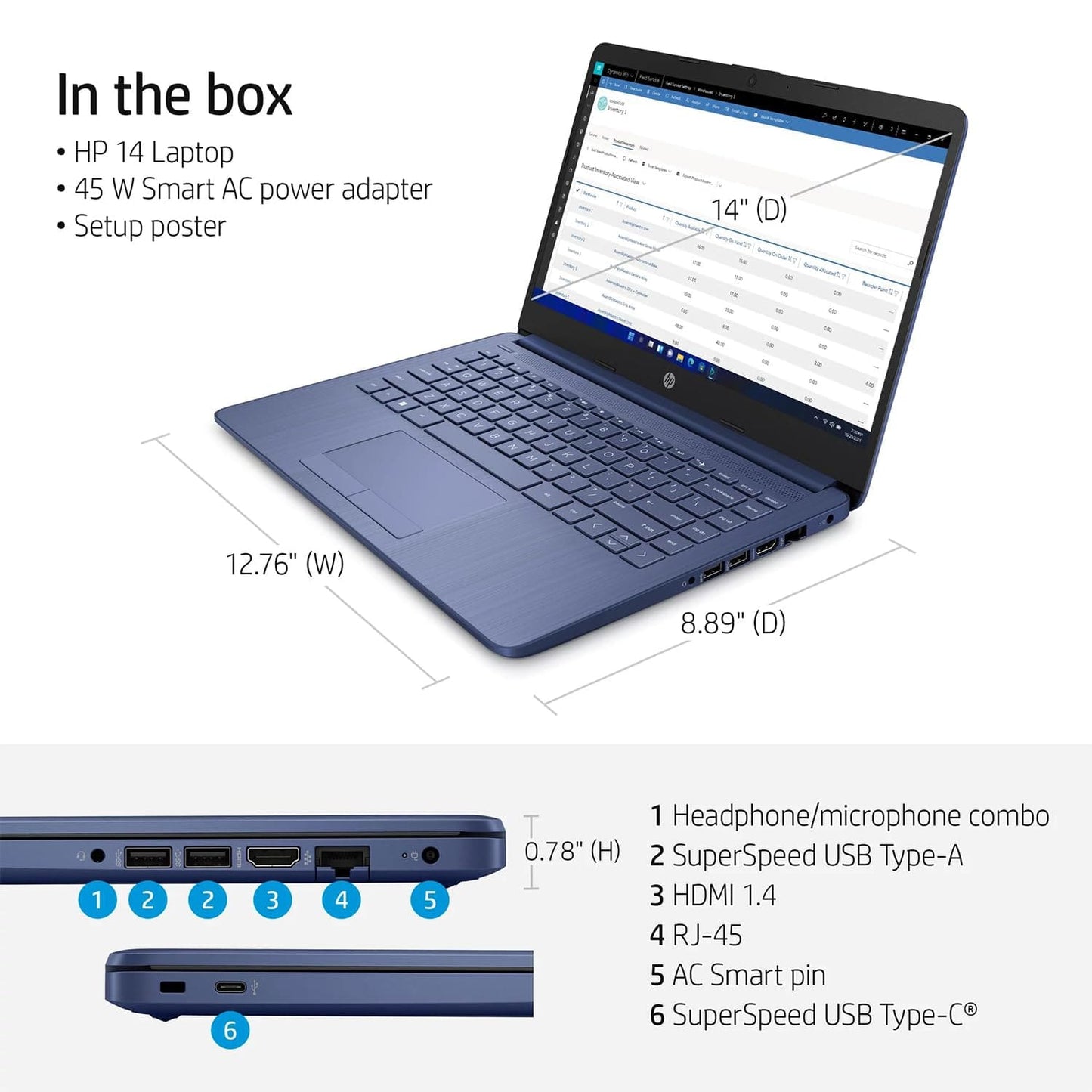 Ordinateur portable HP, étudiant et professionnel, écran HD 14", Intel Quad-Core N4120, 16 Go de RAM DDR4, 64 Go eMMC, 1 an Office 365, webcam, RJ-45, HDMI, Wi-Fi, Windows 11 Famille, Argent 