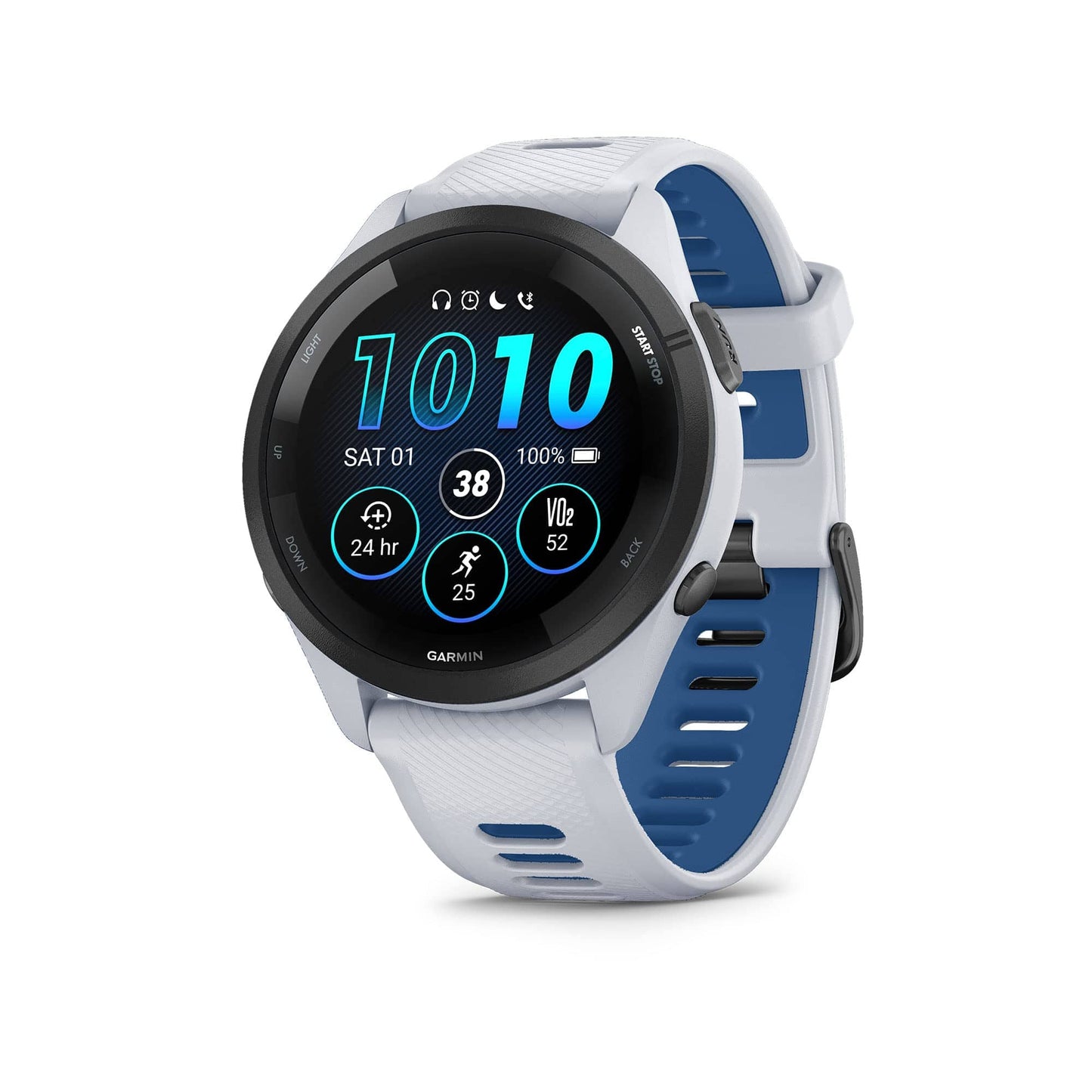 Montre intelligente de course Garmin Forerunner 265, écran AMOLED coloré, mesures d'entraînement et informations de récupération, pierre blanche et bleu marée 