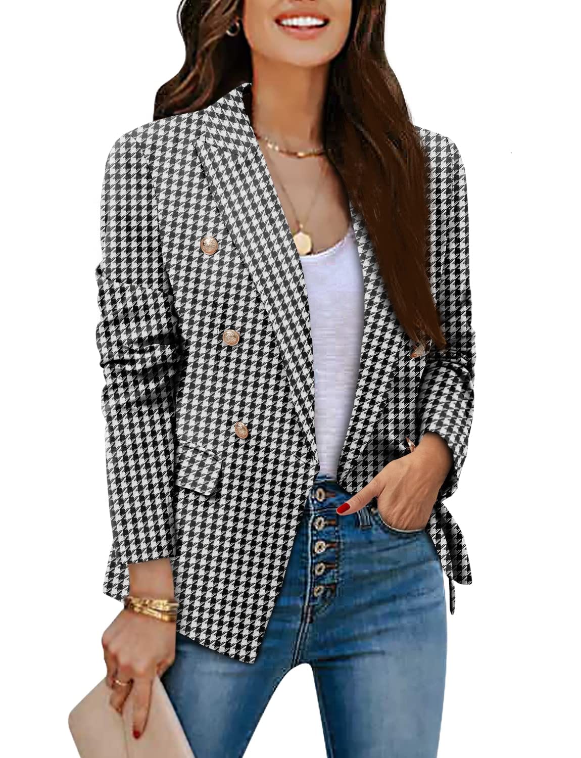 CRAZY GRID Chaqueta casual para mujer con botones dorados, manga larga, para trabajo, oficina, solapa, frente abierto