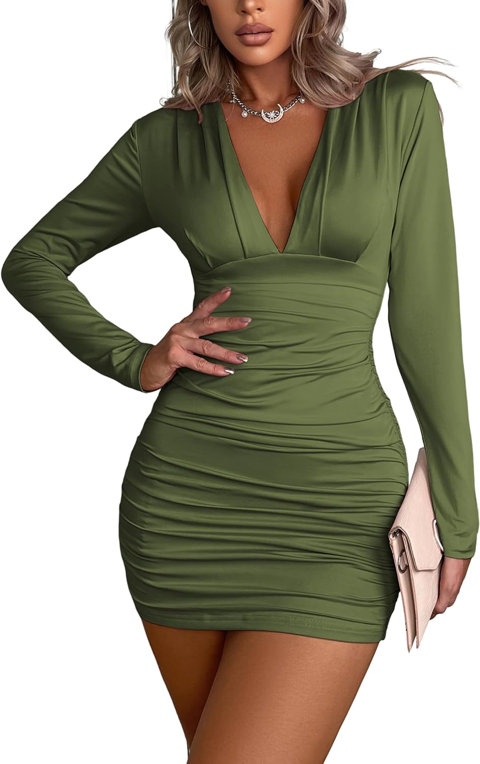 Halife Womens Sexy V Neck Ruched Bodycon Dress Long Sleeve Sexy Party Club Tight Fitted Short Dresses Xpress