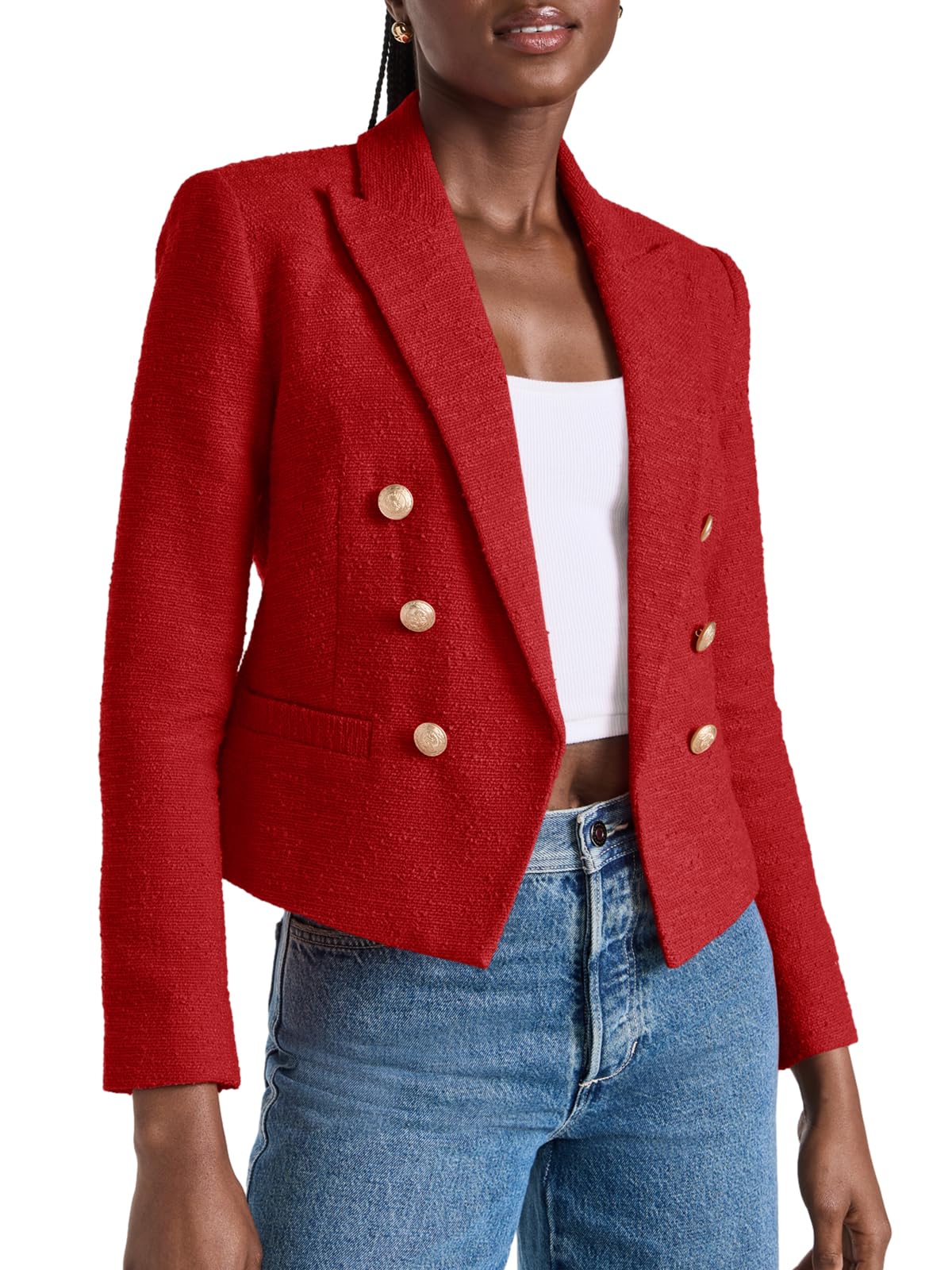 Cicy Bell Women Double Breasted Cropped Blazer Jackets Lapel Open Front Long Sleeve Business Suit Jackets with Pocket