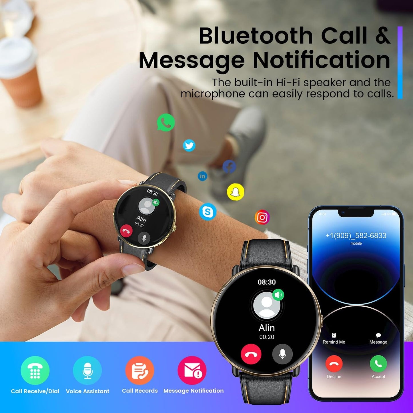 Smartwatch for Men Women Android iOS Phones: Smart Watches Fitness Tracker with 1.43" AMOLED Touchscreen Waterproof Blood Pressure Heart Rate Digital Automatic Step Sport Timer Alarm Pedometer Monitor