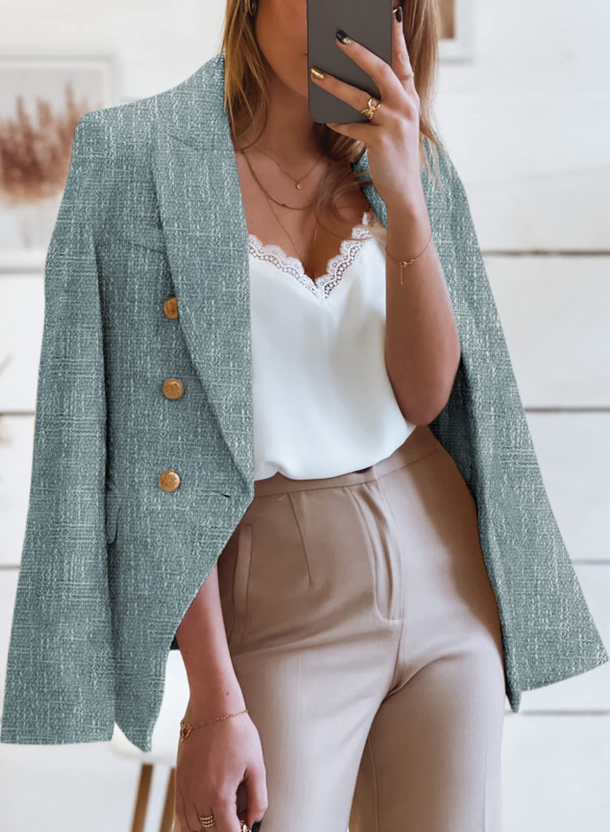 Happy Sailed Blazers de Tweed para Mujer Casual Manga Larga Doble Botonadura Frente Abierto Blazer Chaquetas Trajes de Trabajo 