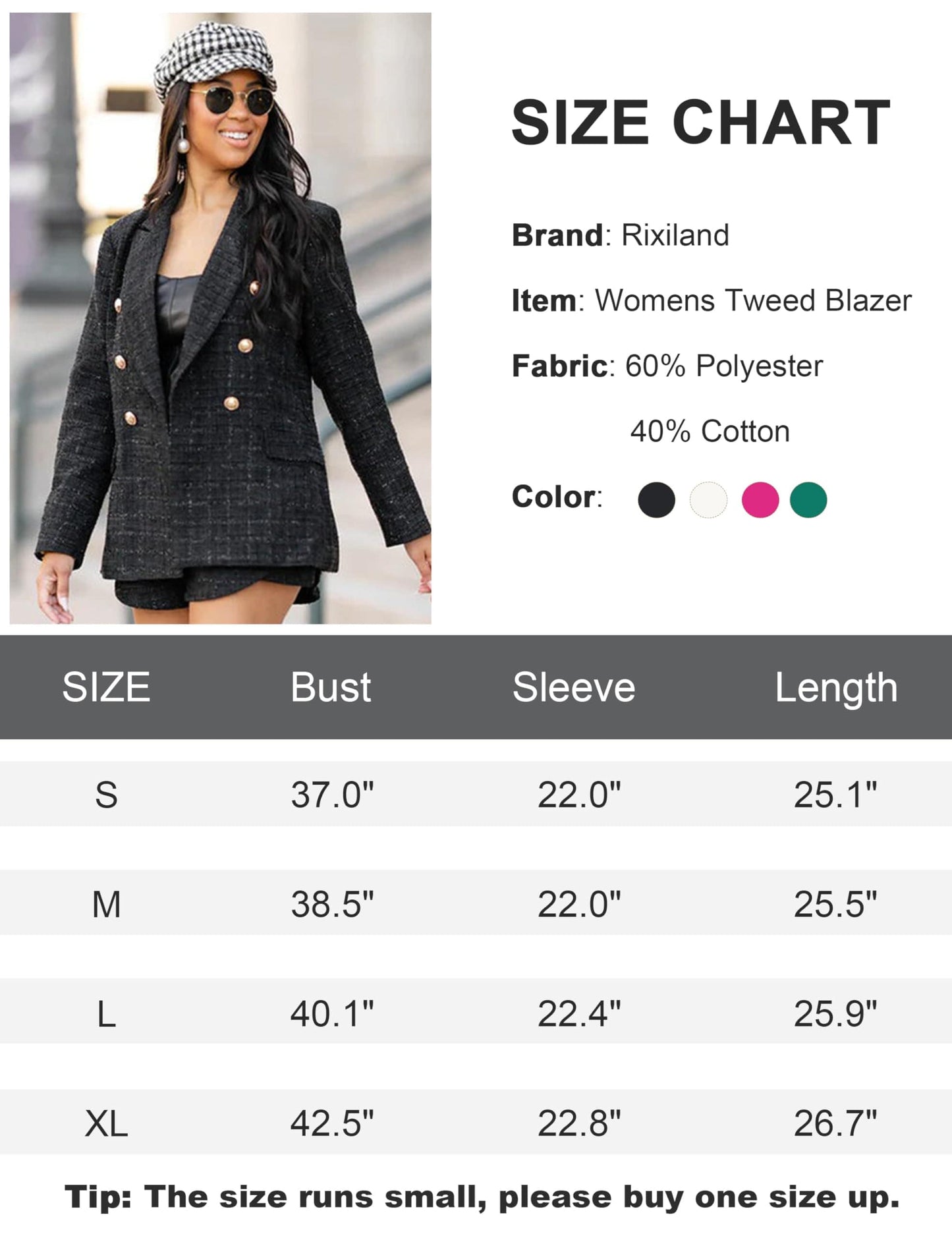 Rixiland Tweed Blazers Jackets for Women Double Breasted Lapel Long Sleeve Office Casual Blazer