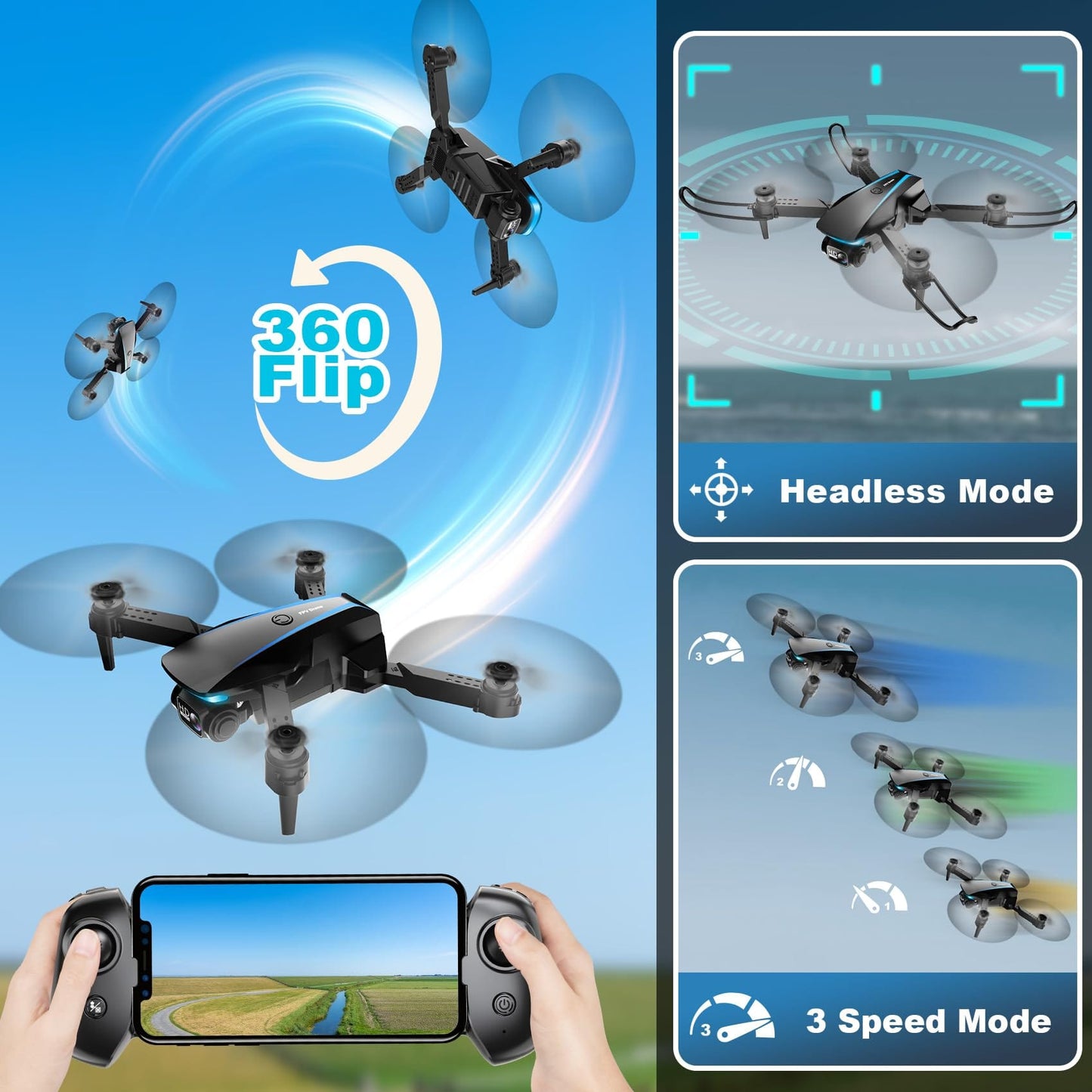 Mini drone avec caméra - Drone pliable HD 1080P avec vol stationnaire stable, contrôle de la gravité, suivi automatique, vol de trajectoire, objectif réglable à 90°, décollage à une touche, 2 batteries, drones pour adultes et enfants 