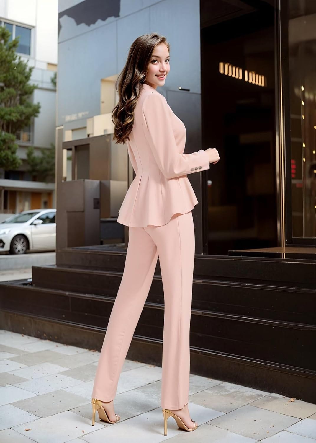 Hybrid & Company Women's Casual Work Office Dressy Double Notch Lapel Sharp Shoulder Pad Single Button Peplum Comfy Blazer