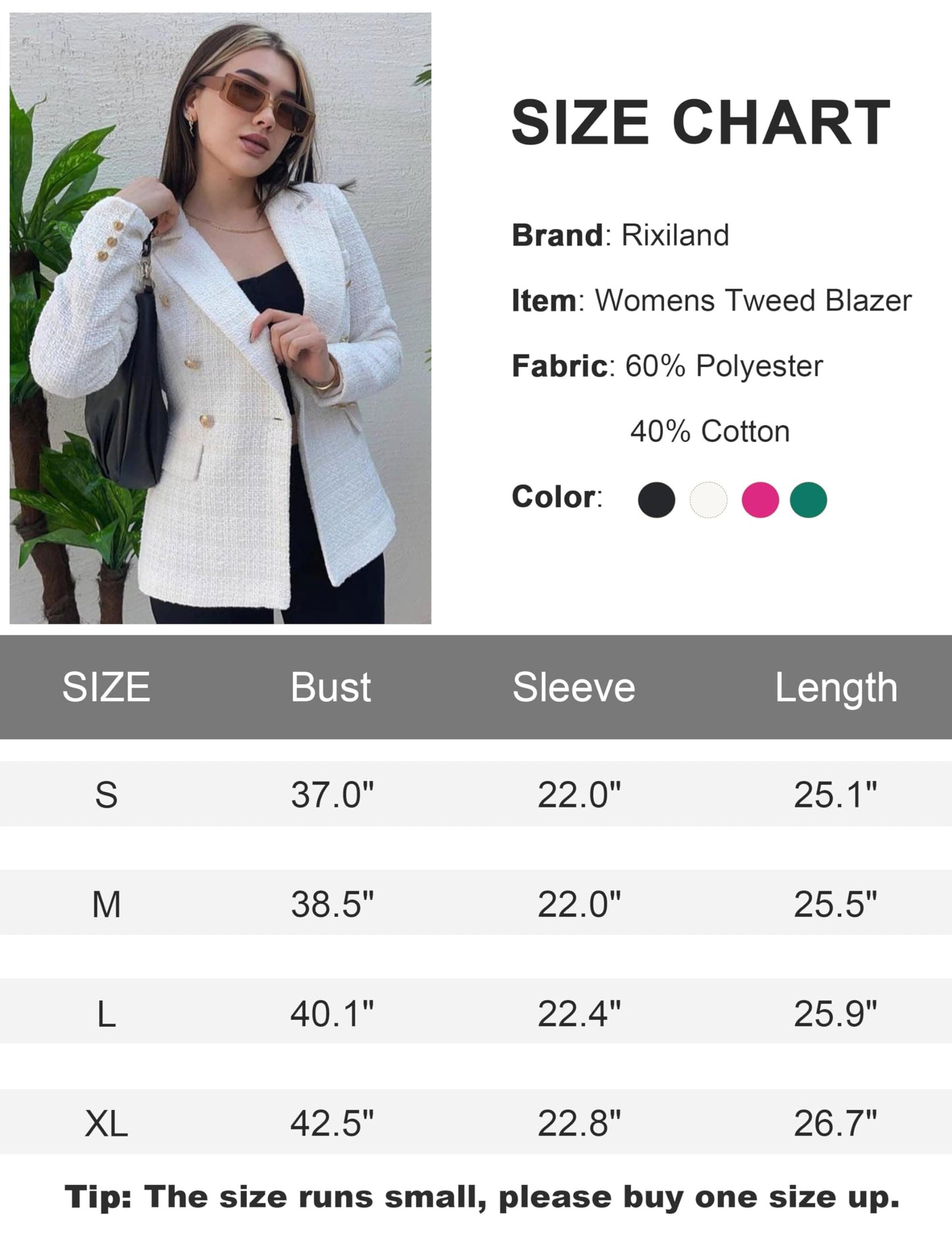 Rixiland Tweed Blazers Jackets for Women Double Breasted Lapel Long Sleeve Office Casual Blazer