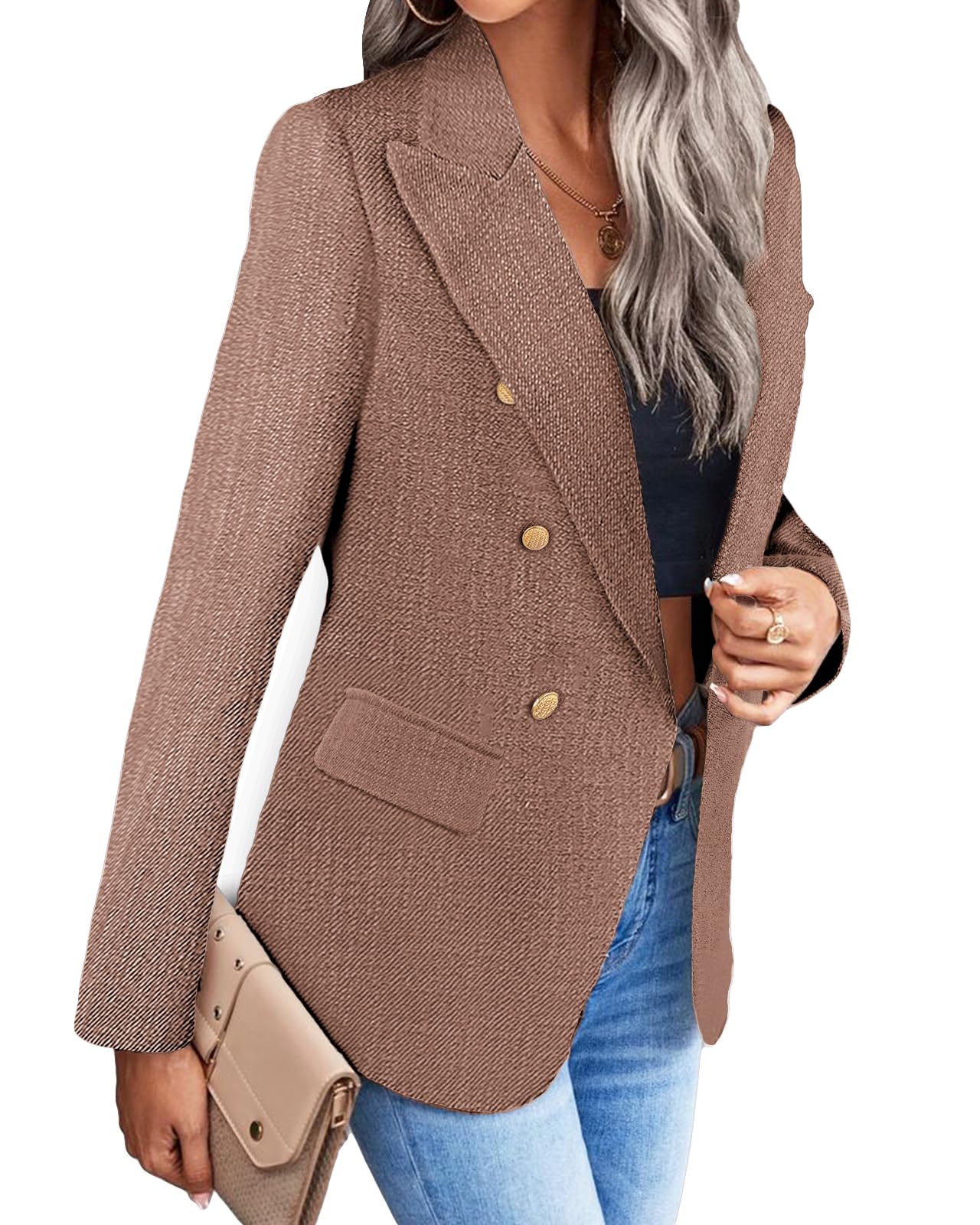 Blazer informal para mujer, primavera 2024, frente abierto, trabajo de negocios, chaqueta a cuadros de Tweed, bolsillo para traje (S-XXL) 