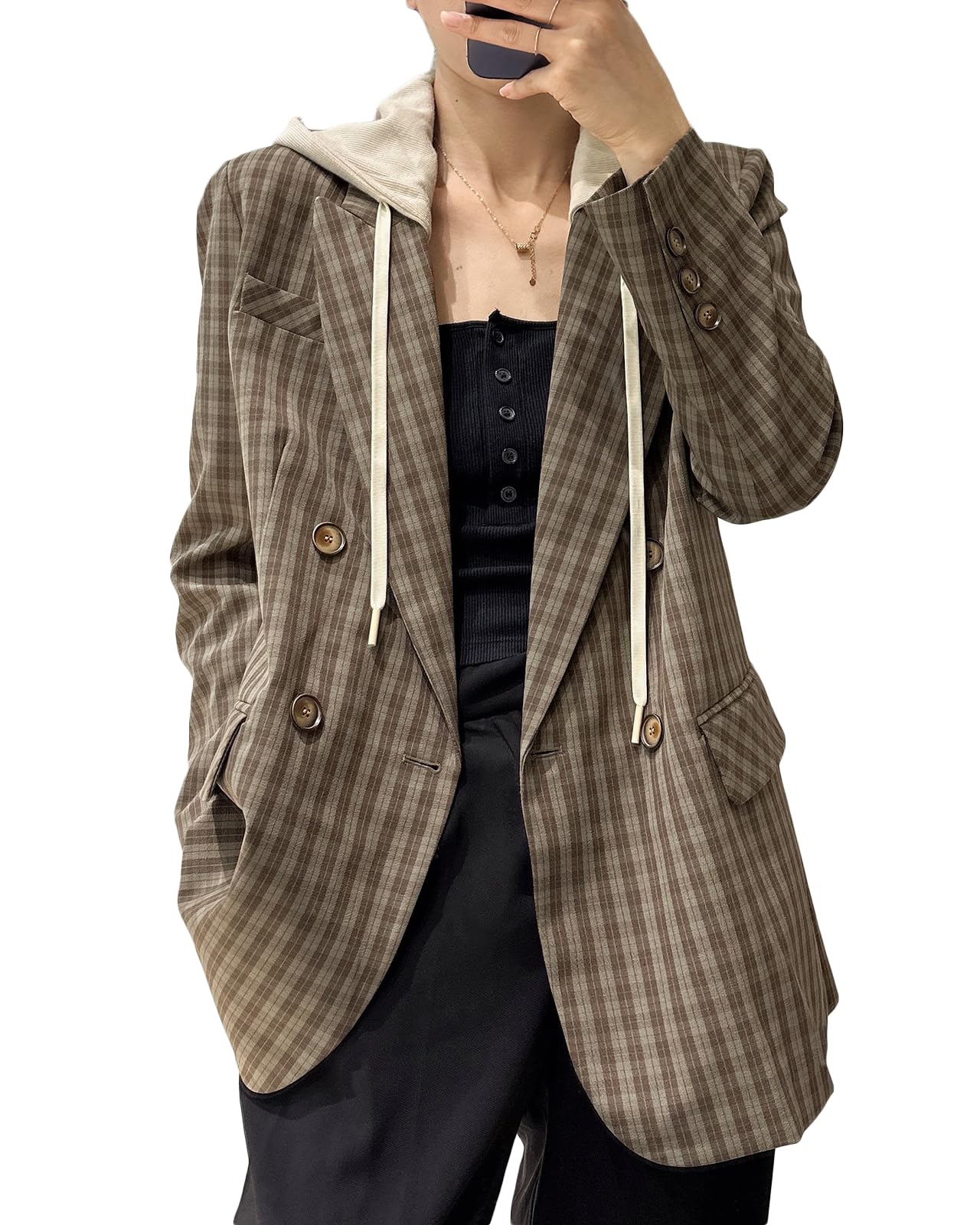 Mina Self Oversize Blazer Jacket for Women Hooded 2024 New Four Seasons Plus Size Casual Open Front Work Office Suit (XS-XXL)