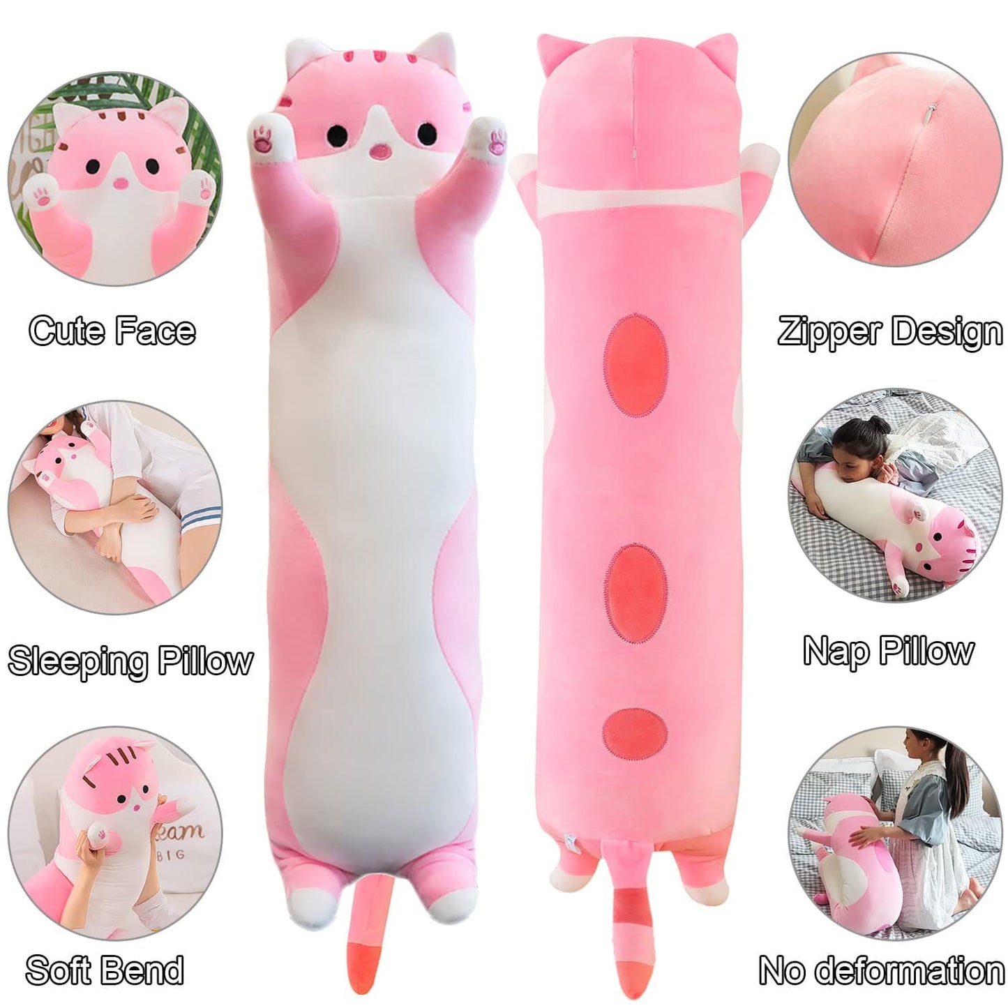 Giant Cat Pillow Plush Cartoon Kitty Sleeping Hugging Pillow, Cuddly Soft Long Kitten Body Pillow Doll Cat Cushion Toy for Kids Girlfriend (Pink, 110cm/43.3inch)