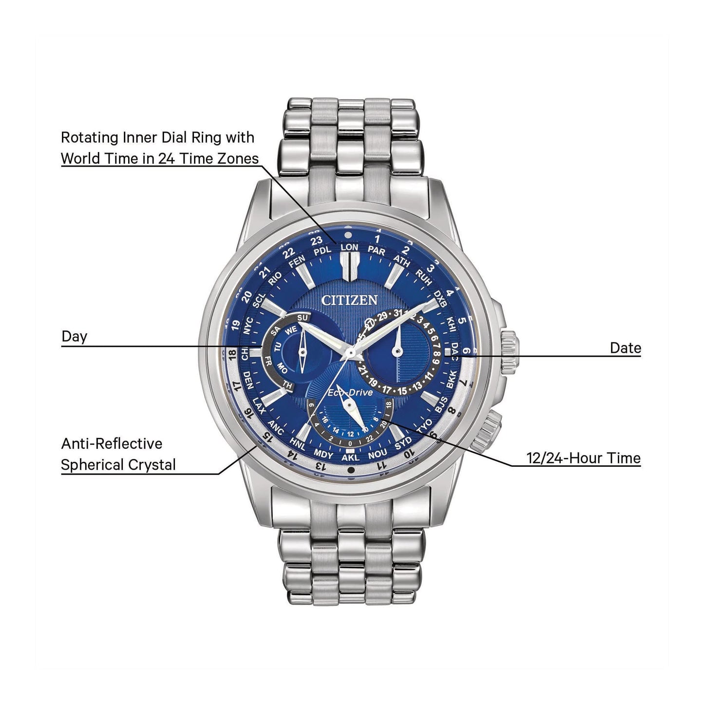 Reloj Citizen Classic Calendrier Eco-Drive para hombre, hora de 12/24 horas, día y fecha de 3 manecillas, cristal mineral antirreflectante, manecillas luminosas 