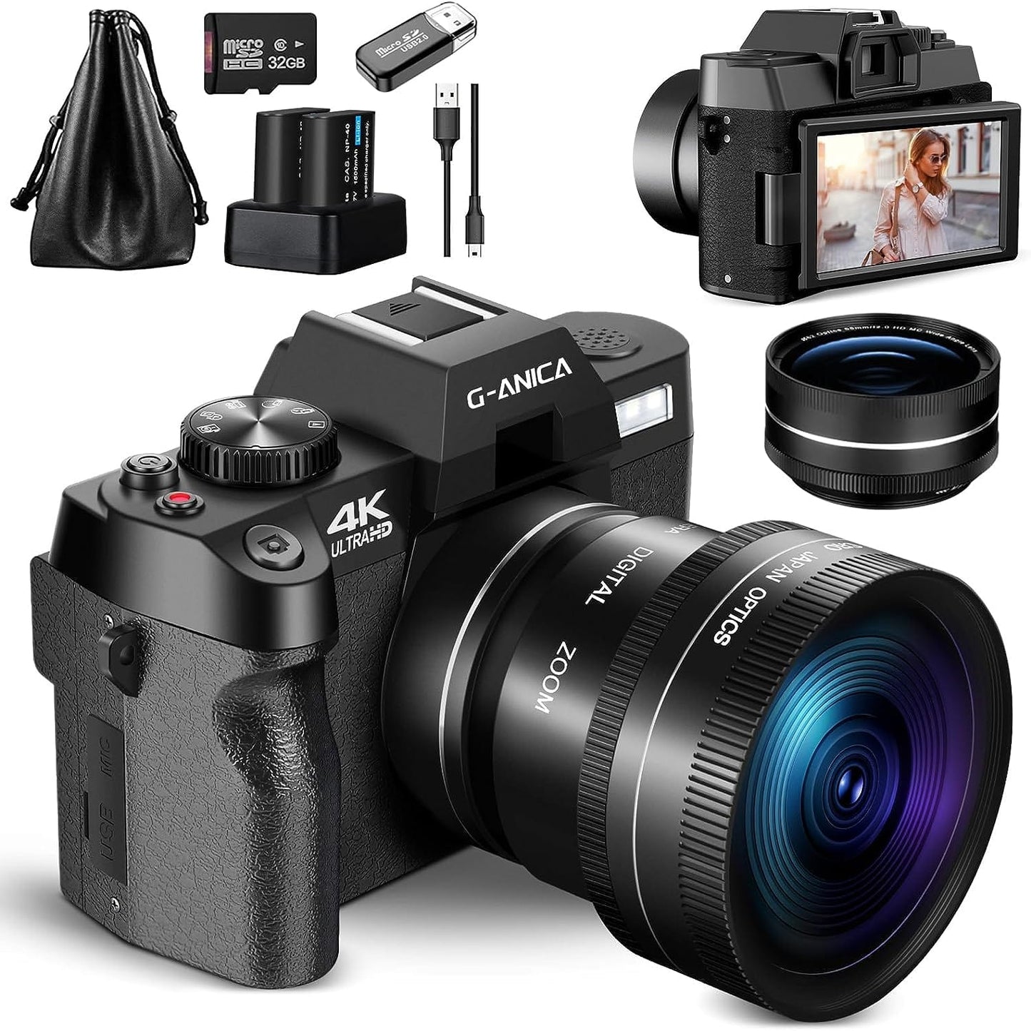 G-Anica 4K Digital Cameras for Photography，48MP/60FPS Video Camera for Vlogging, WiFi & App Control Vlogging Camera for YouTube, Small Camera with 32GB TF Card.Wide-Angle & Macro Lens Xpress