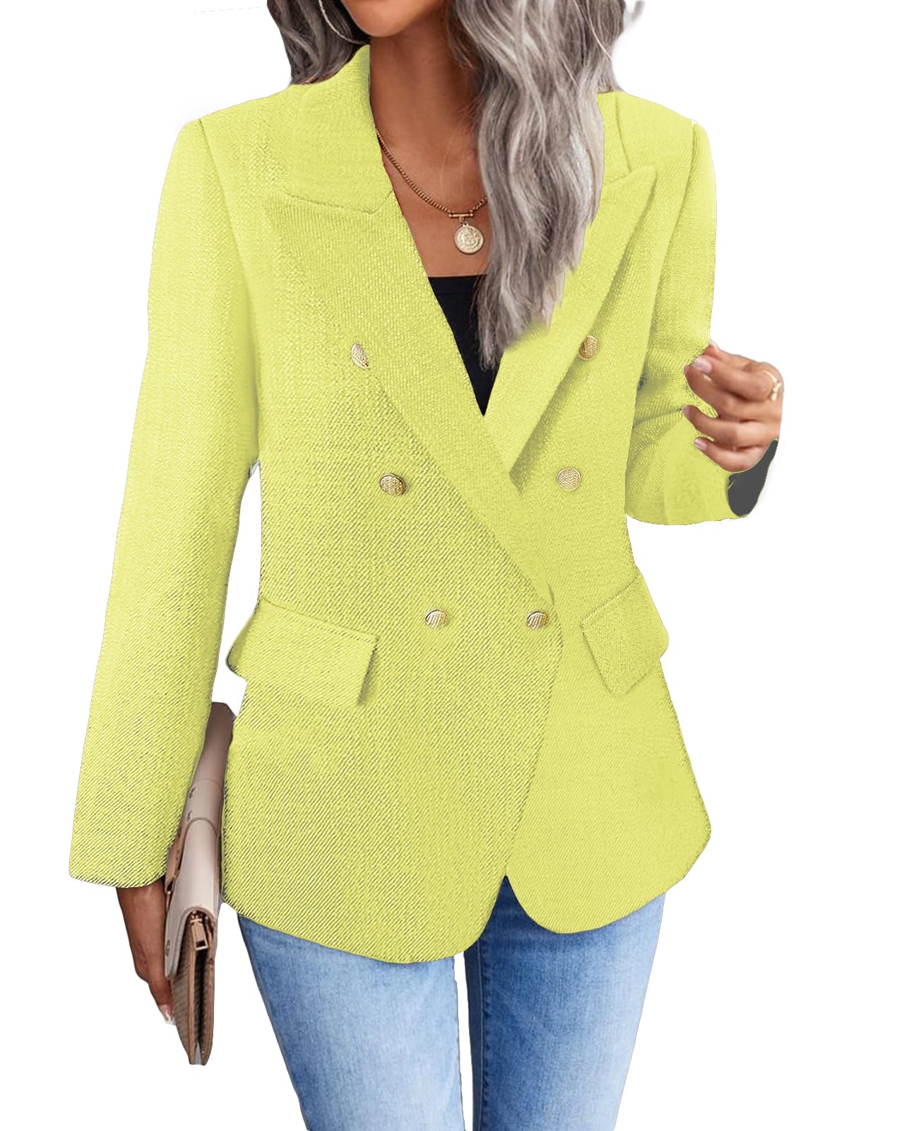 Womens Casual Blazer 2024 Spring Open Front Business Work Tweed Plaid Jacket Suit Pocket (S-XXL)