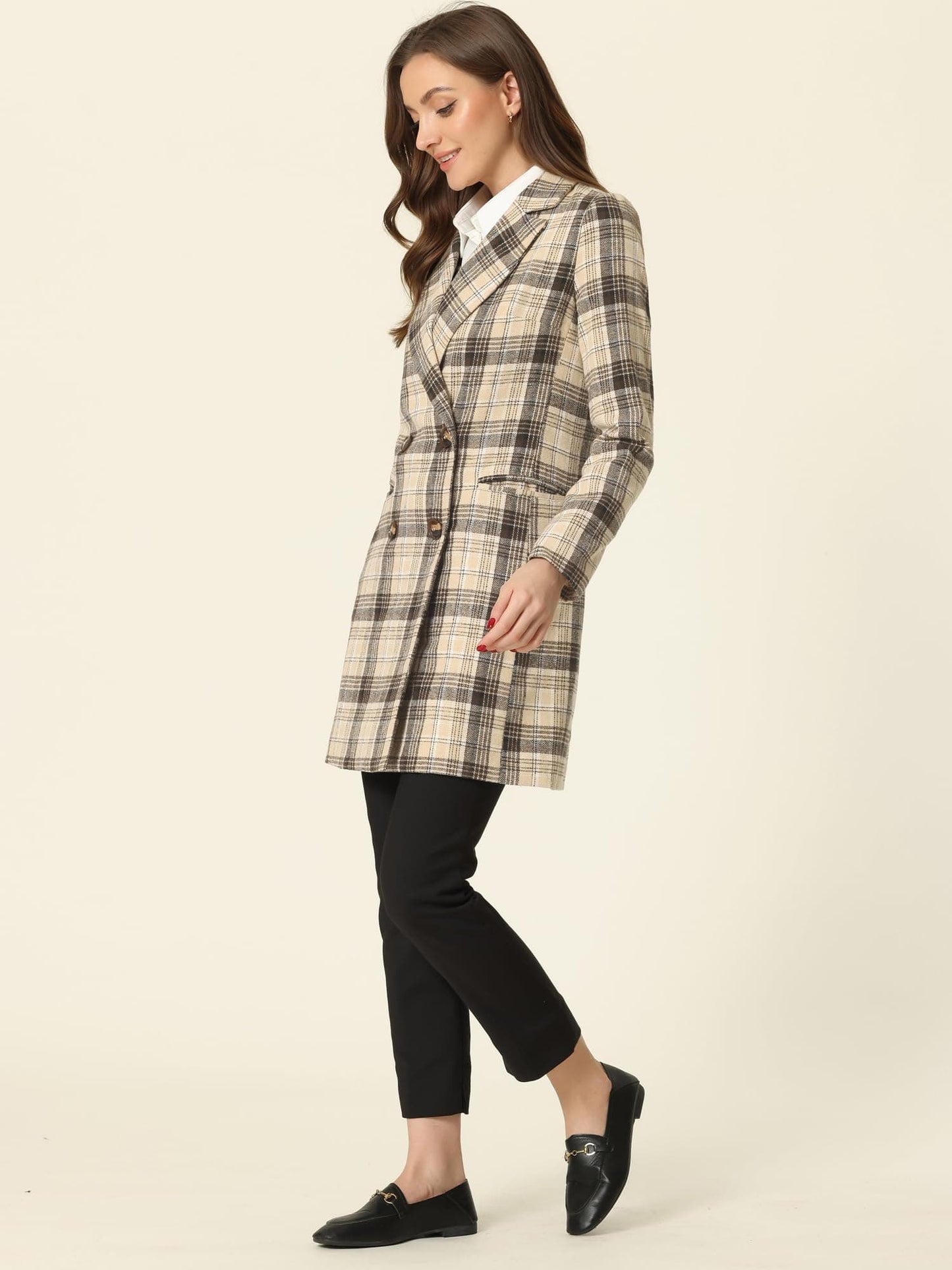 Allegra K Women's Double Breasted Notched Lapel Plaid Trench Blazer Coat