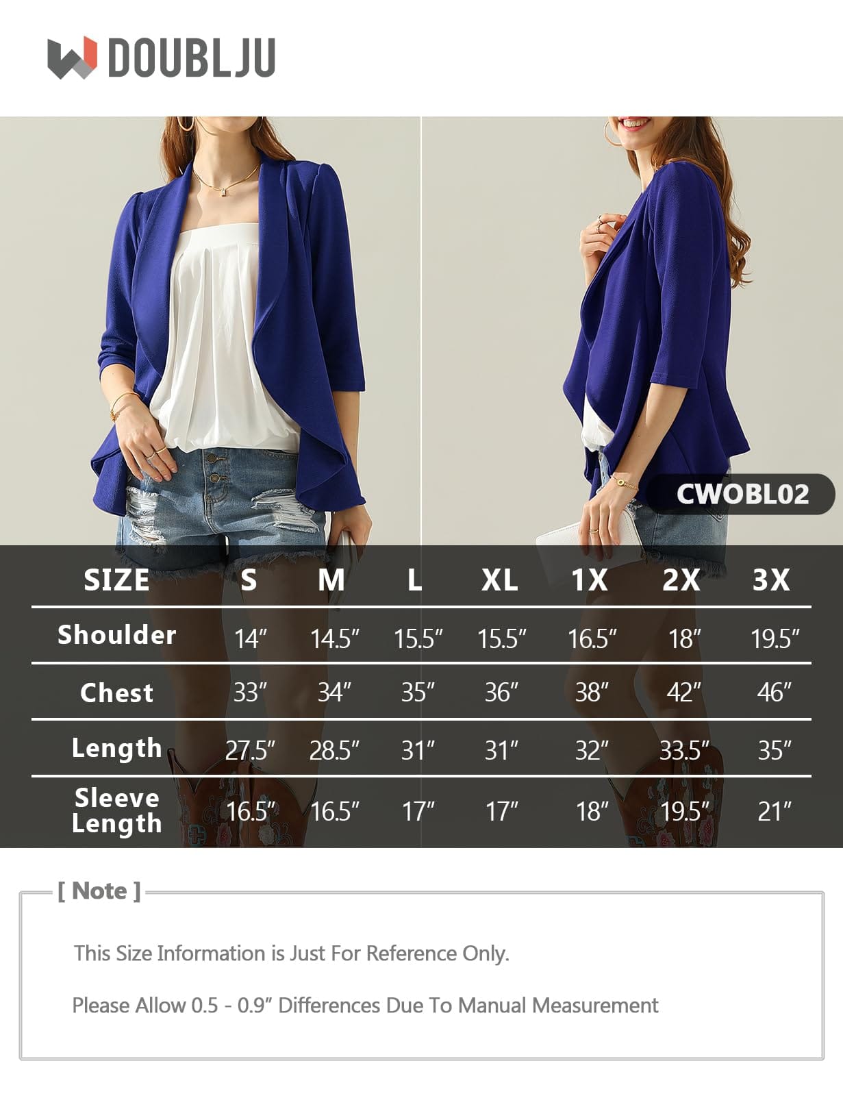 DOUBLJU Lightweight Thin 3/4 Sleeve Open Front Blazer Business Casual Deconstructed Jackets for Womens Clothes with Plus Size