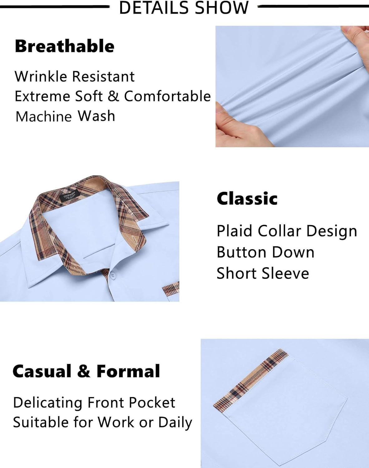 COOFANDY Mens Short Sleeve Dress Shirts Casual Wrinkle Free Shirt Plaid Collar Summer Button Down Shirts