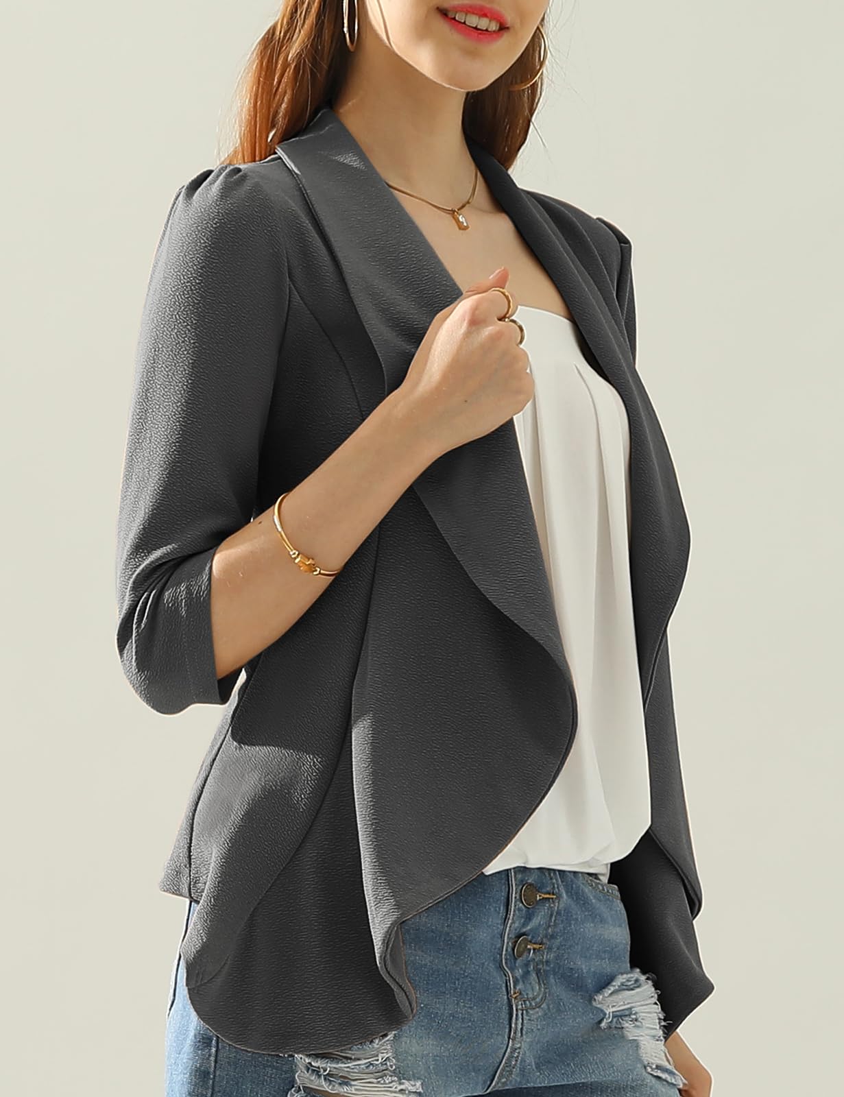 DOUBLJU Lightweight Thin 3/4 Sleeve Open Front Blazer Business Casual Deconstructed Jackets for Womens Clothes with Plus Size